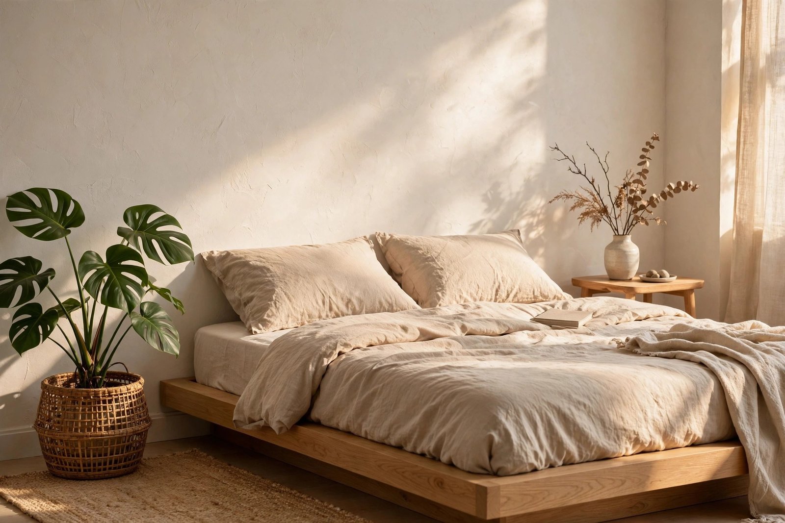 Monstera plant in a rattan basket beside a Japandi bedroom platform bed