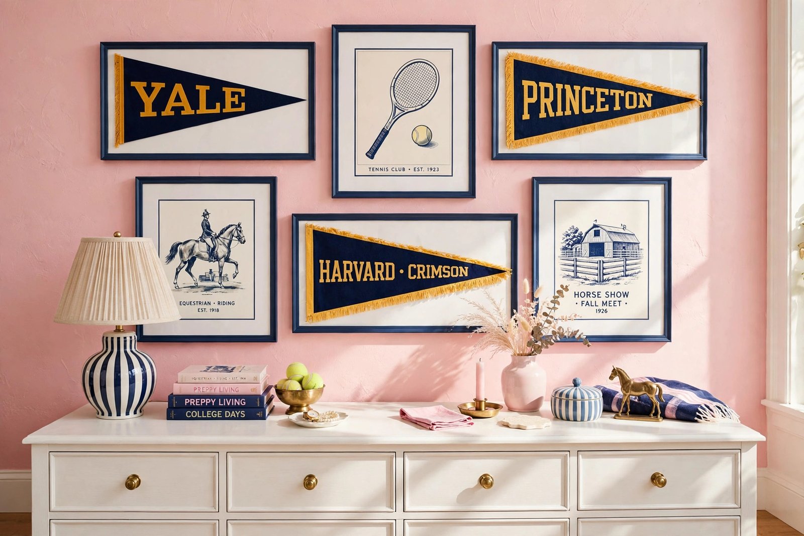 Collegiate gallery wall with pennants in a preppy bedroom ideas bedroom