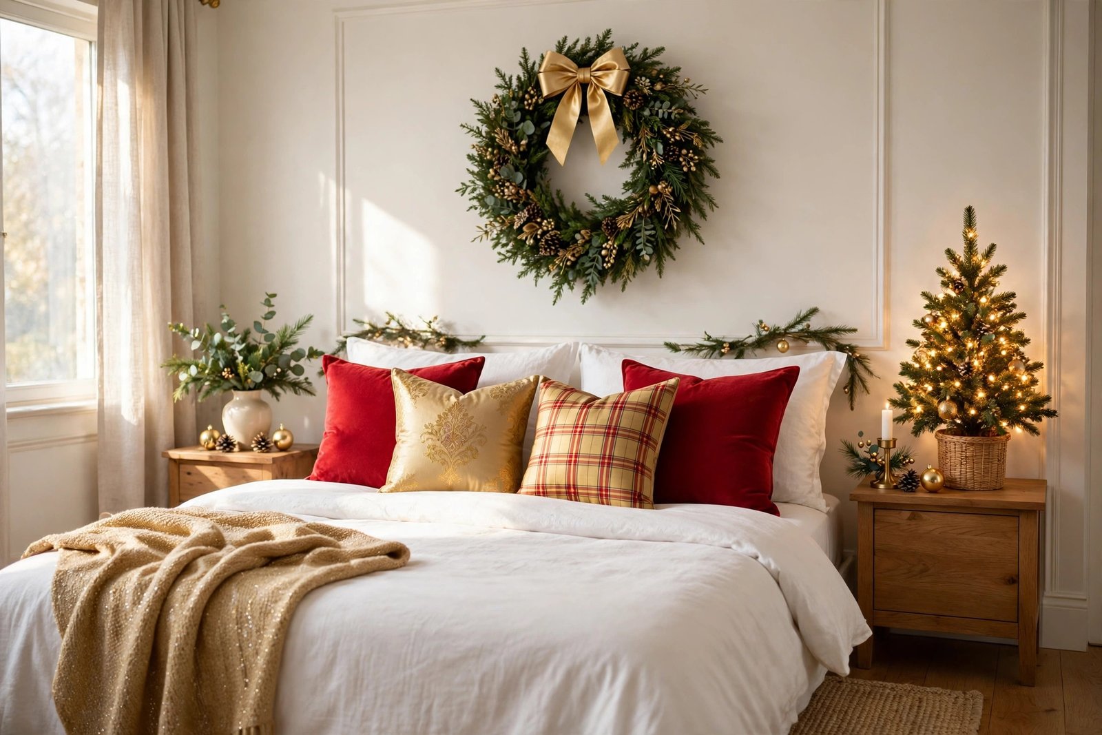 Classic red green and gold christmas bedroom decor ideas with a wreath above the bed