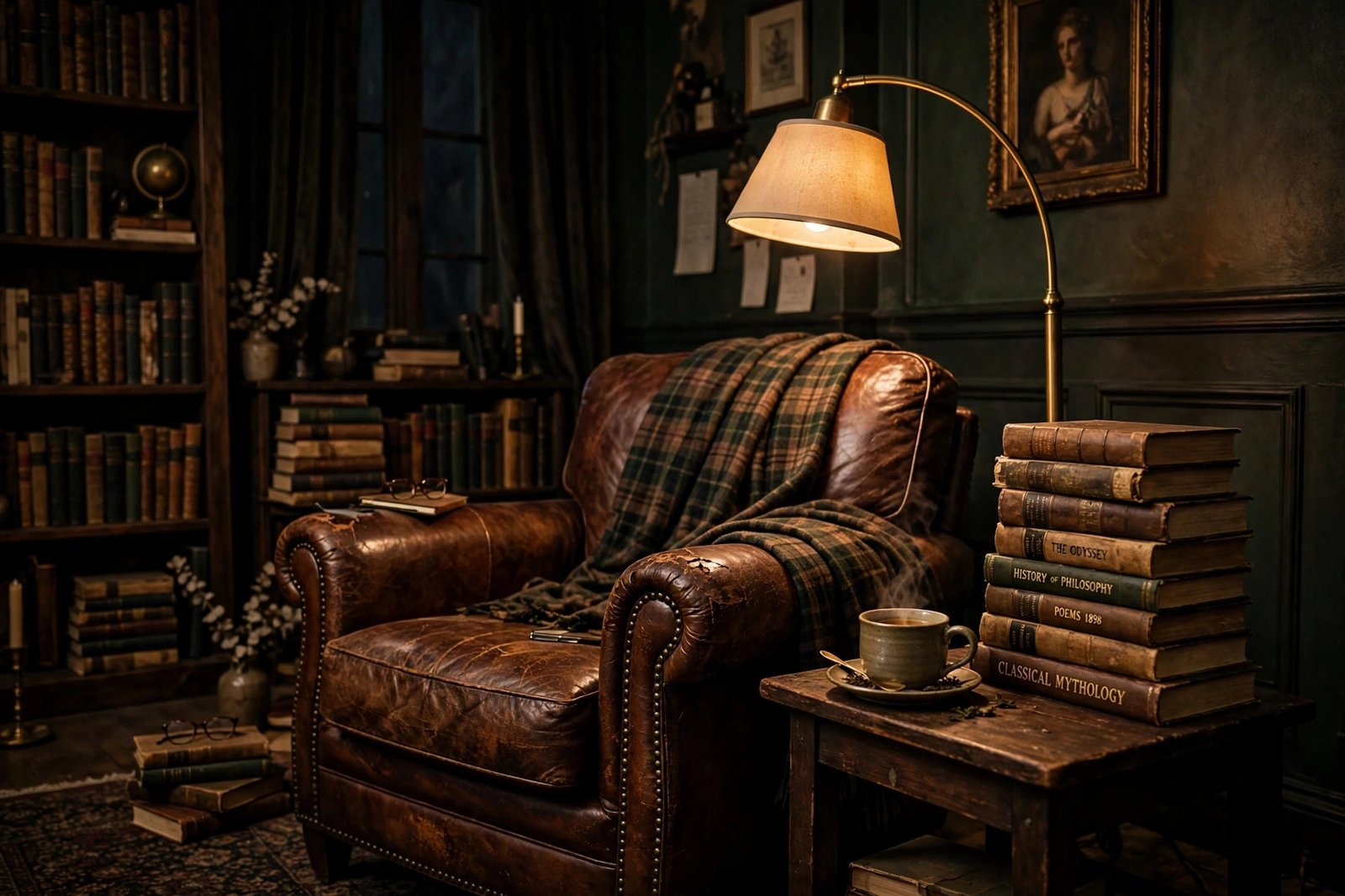 15 Dark Academia Bedroom Ideas for a Moody, Bookish Retreat 7 Leather reading chair nook with brass lamp and old books in a dark academia bedroom ideas design