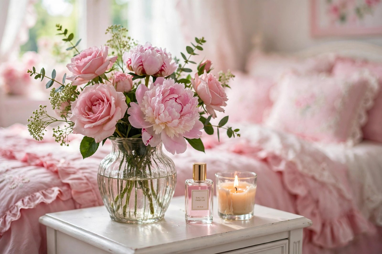 15 Coquette Bedroom Ideas for a Soft, Romantic Room 9 Fresh pink roses and peonies in a vintage vase on a nightstand in a coquette bedroom ideas design