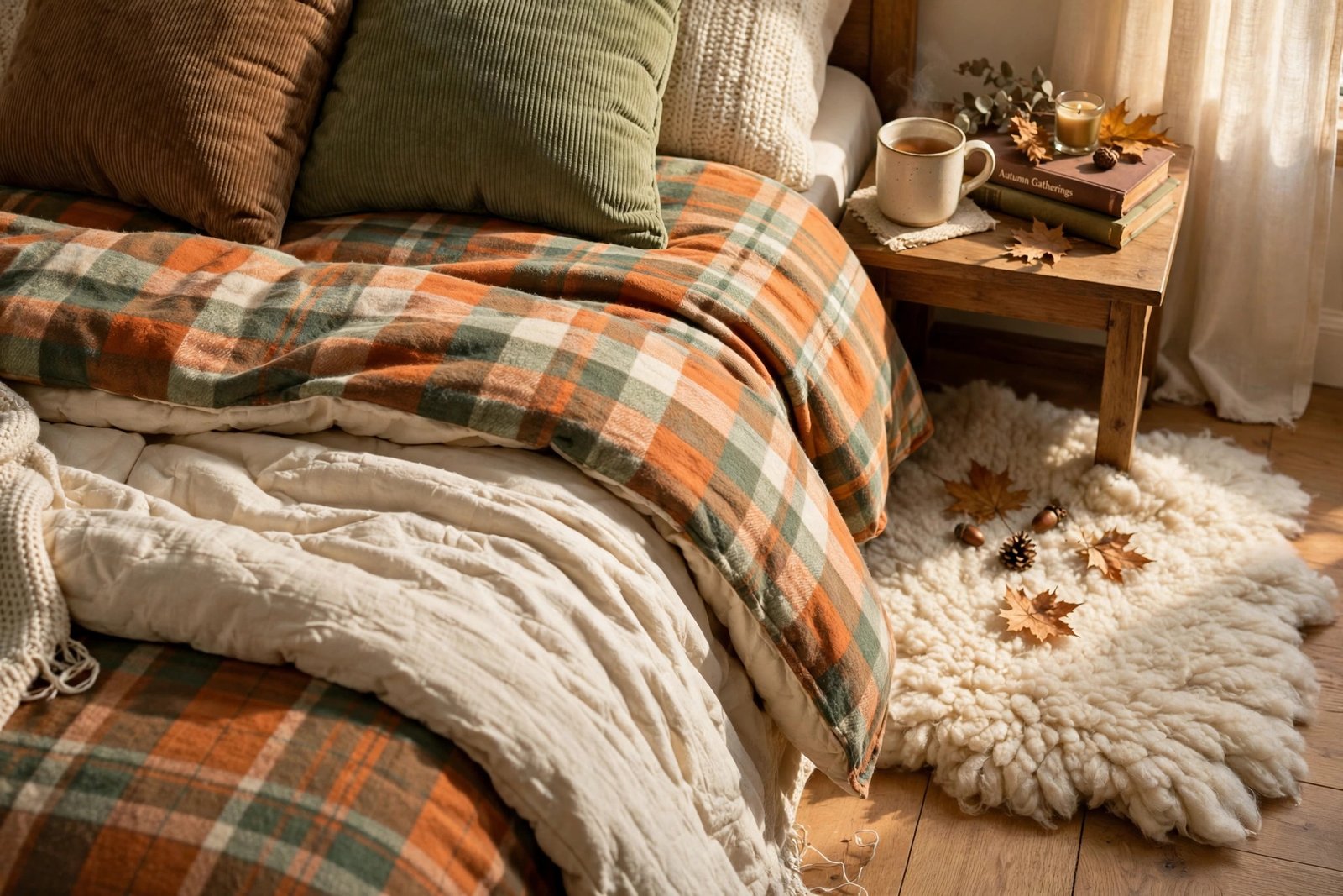 15 Cozy Fall Bedroom Ideas for a Warm Autumn Retreat 9 Flannel and corduroy textures with a wool rug in a cozy fall bedroom ideas design