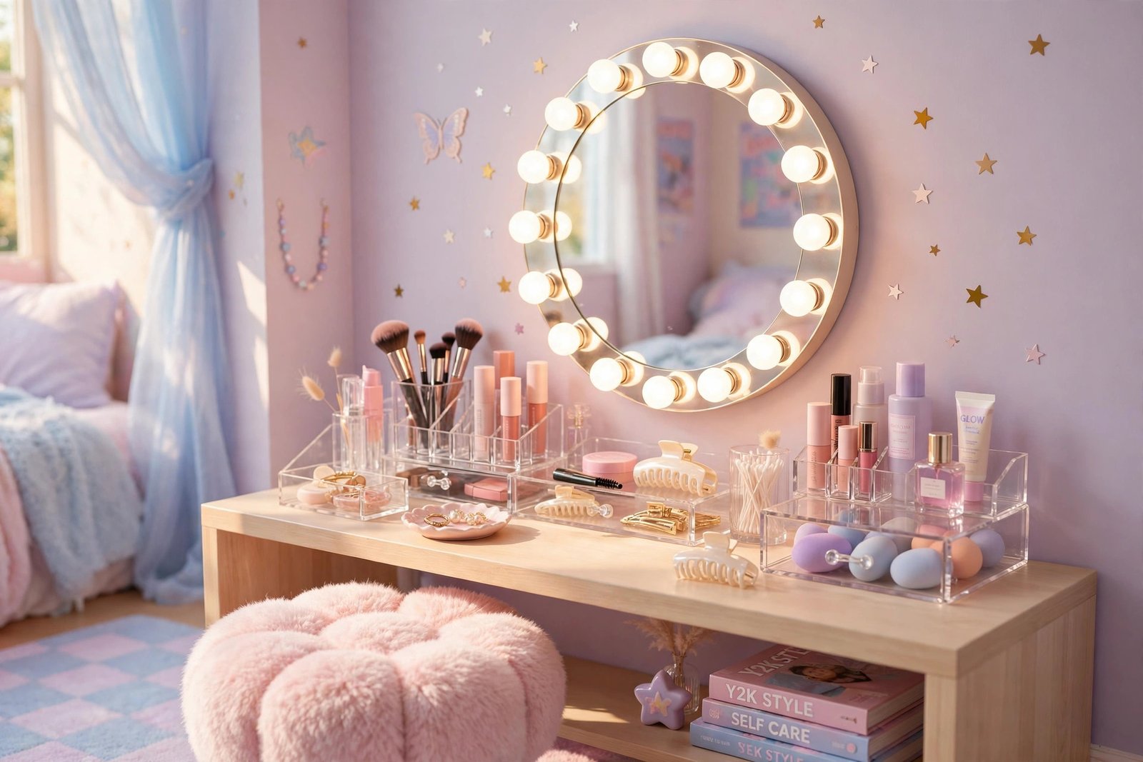 Y2K vanity corner with round bulb mirror and clear acrylic organizers