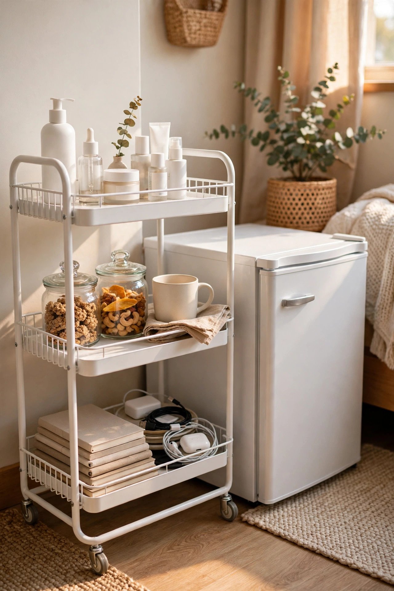 White three-tier rolling cart styled with skincare, snacks and a mug beside a dorm mini fridge