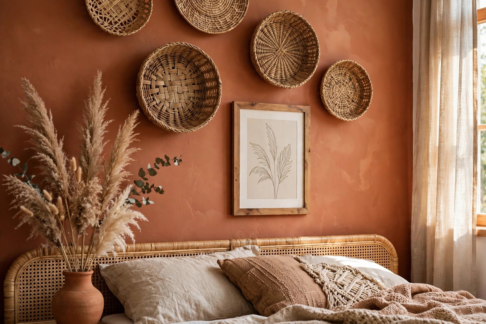 Earthy terracotta and clay wall decor with woven art in a boho bedroom ideas design