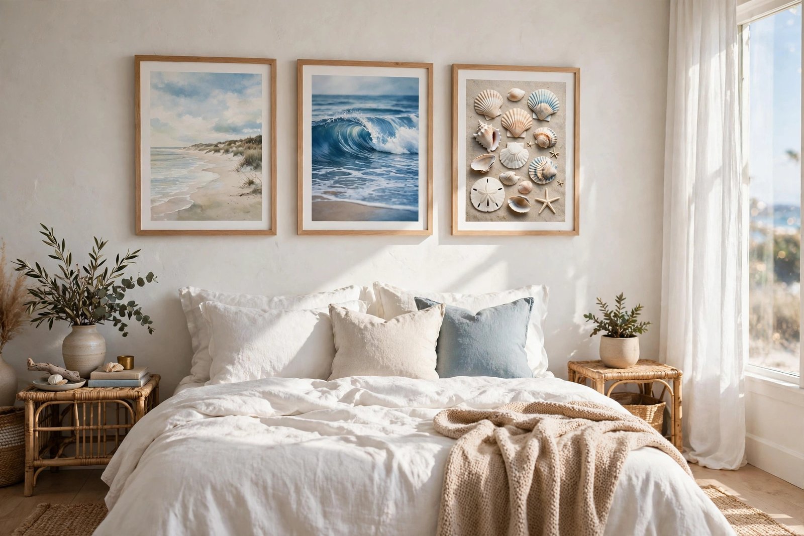 Coastal gallery wall with framed beach prints above a bed in a coastal bedroom ideas design