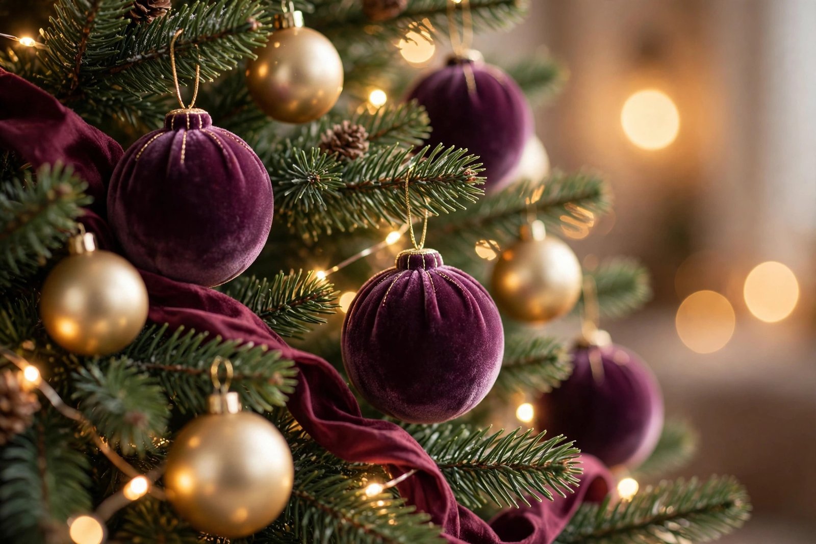 Gold and plum Christmas ornaments on tree close up