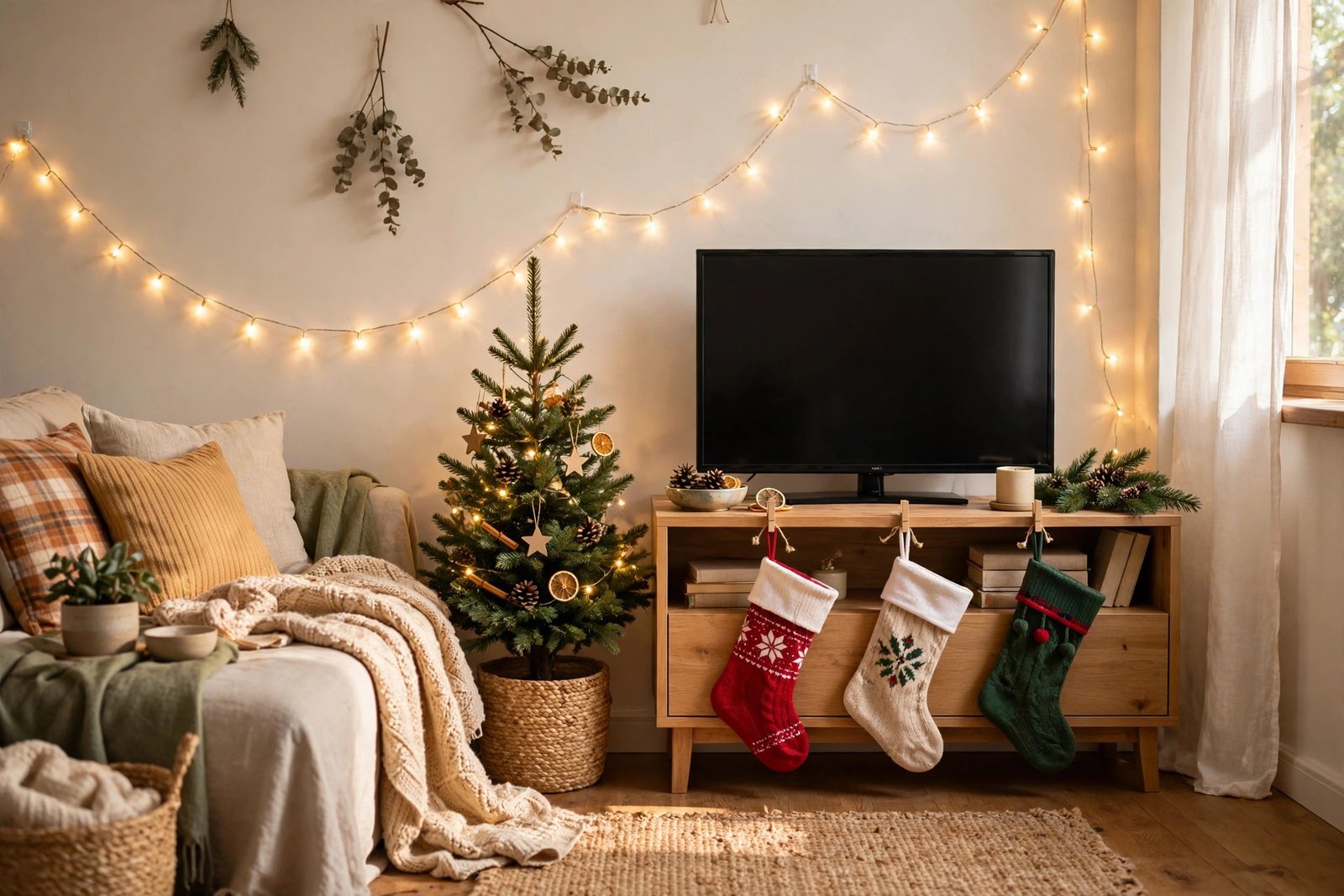 Cozy small living room with Christmas stockings on a TV console and string lights