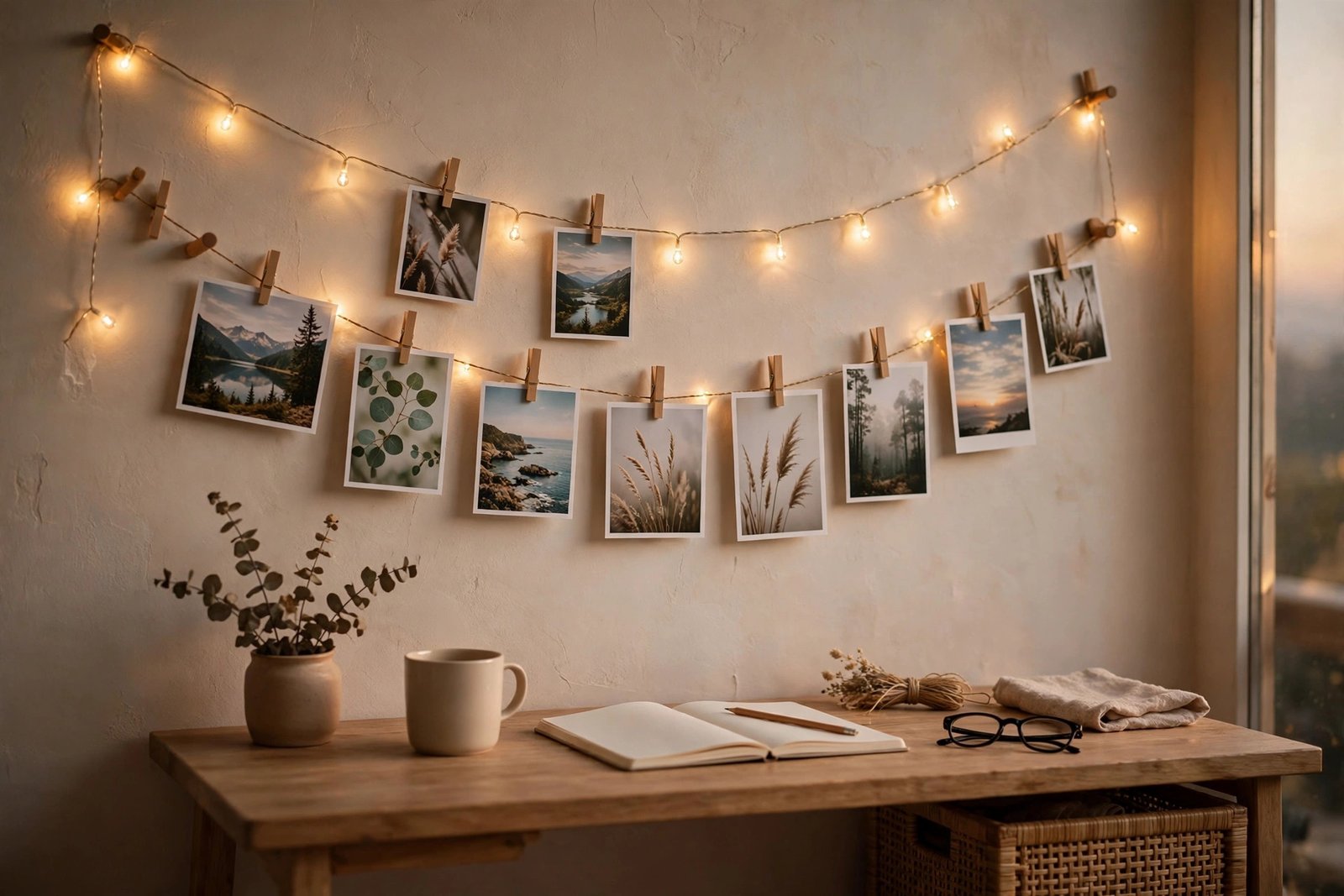 Photos and postcards clipped along a string of warm fairy lights on a bedroom wall