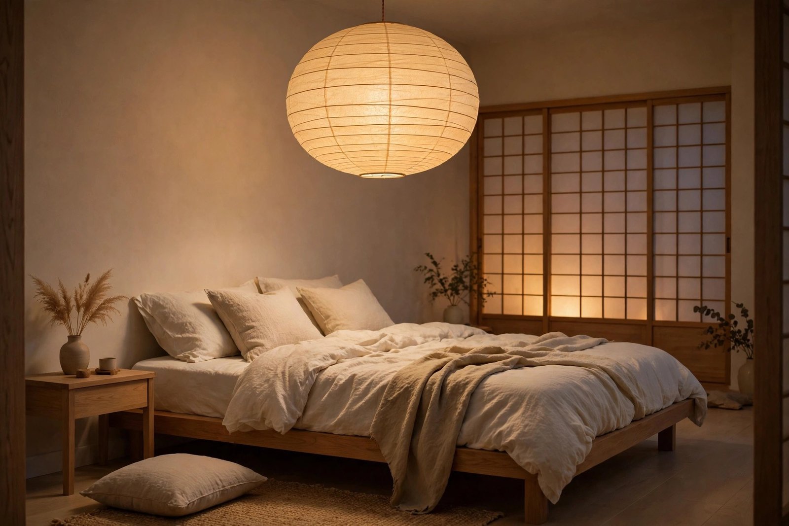 Paper lantern pendant glowing over a Japandi bedroom ideas design at dusk