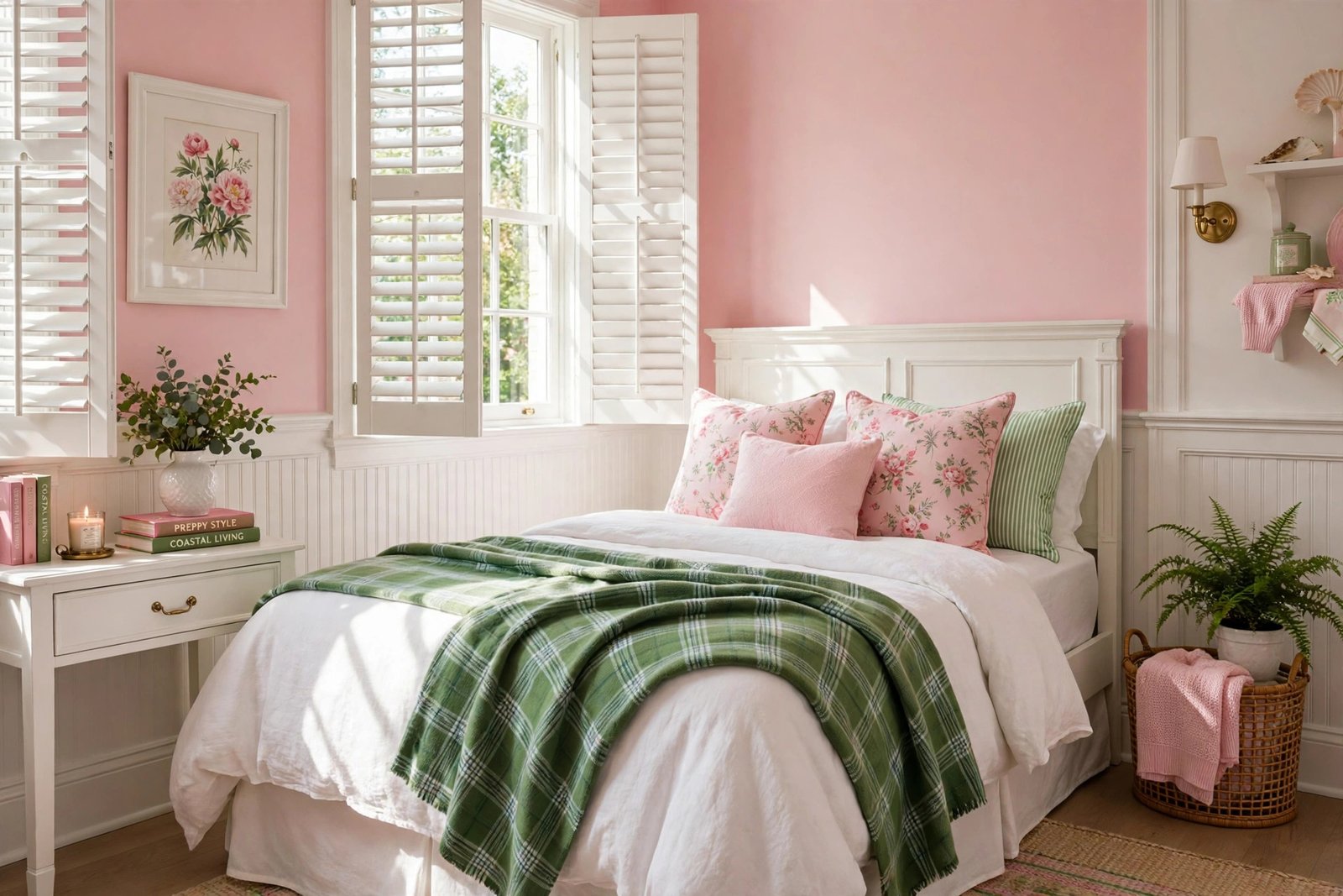 Pastel pink and kelly green color palette in preppy bedroom ideas