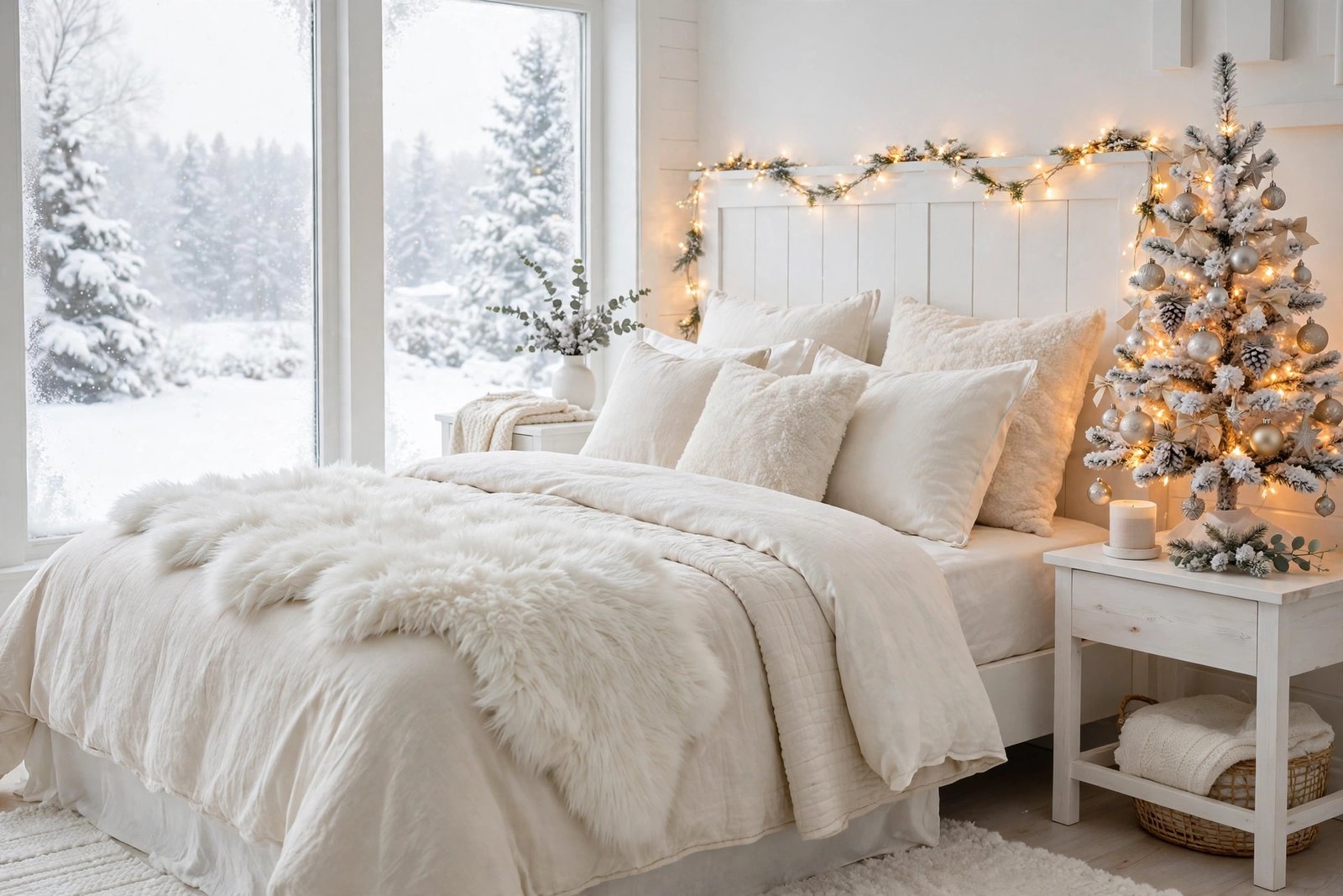 Winter white wonderland christmas bedroom decor ideas in cream and silver with warm lights