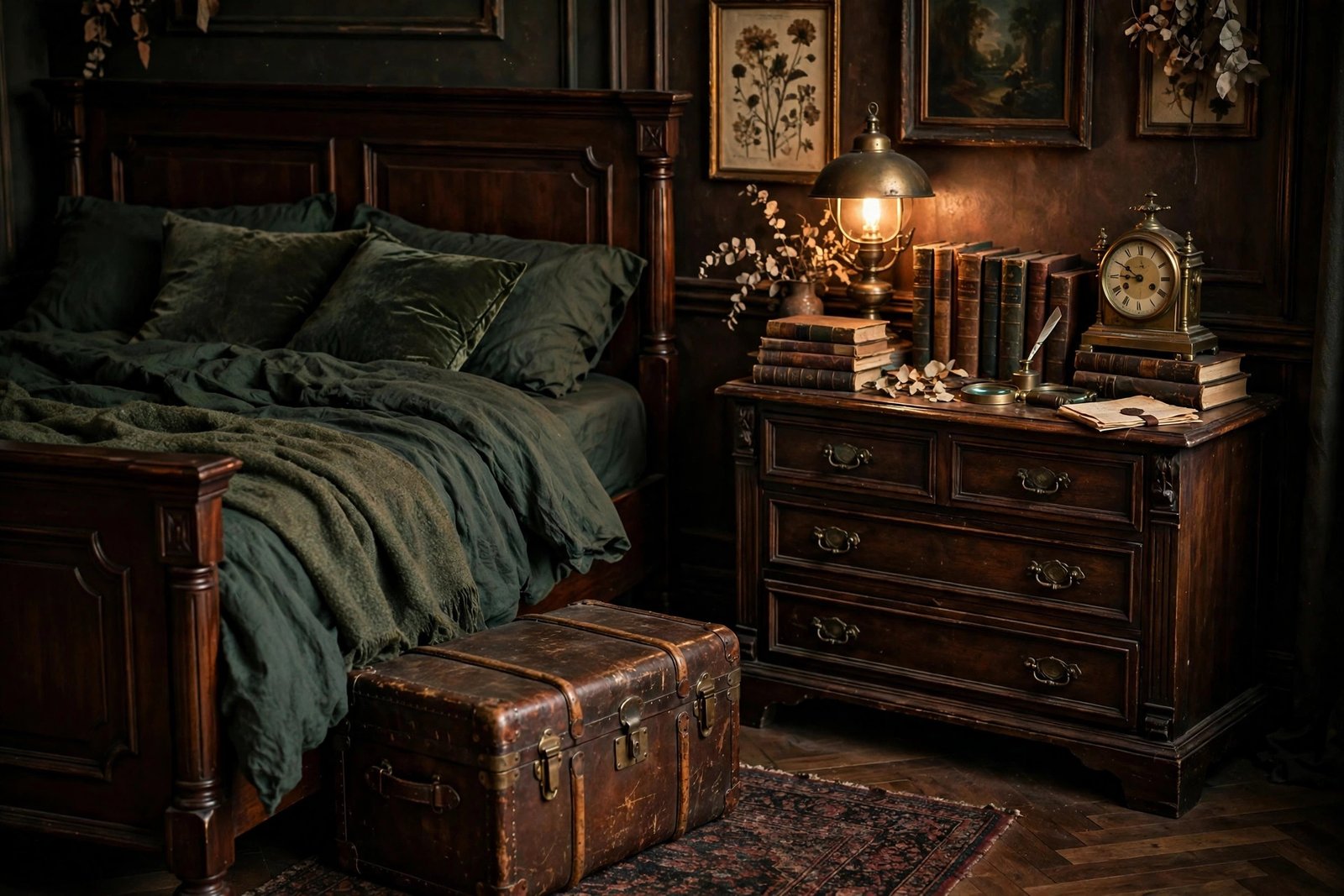 15 Dark Academia Bedroom Ideas for a Moody, Bookish Retreat 10 Vintage leather trunk and dark wood dresser in a dark academia bedroom ideas design