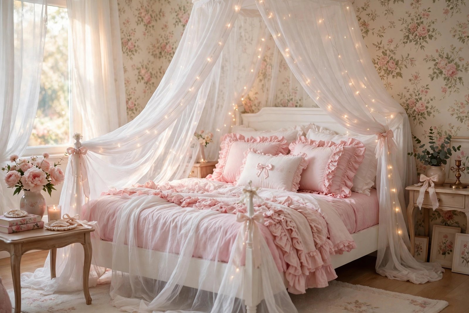 15 Coquette Bedroom Ideas for a Soft, Romantic Room 10 Sheer white canopy with fairy lights over a coquette bed in a bedroom ideas design