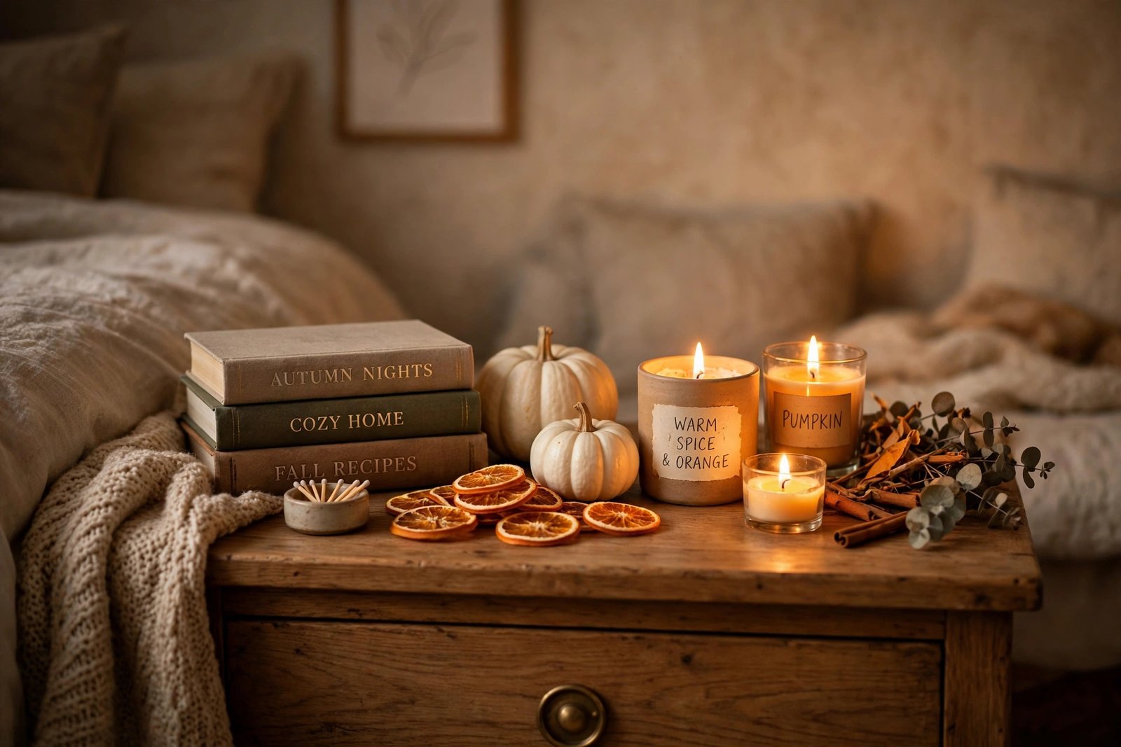 15 Cozy Fall Bedroom Ideas for a Warm Autumn Retreat 10 Fall scented candles and pumpkin accents on a cozy fall bedroom nightstand