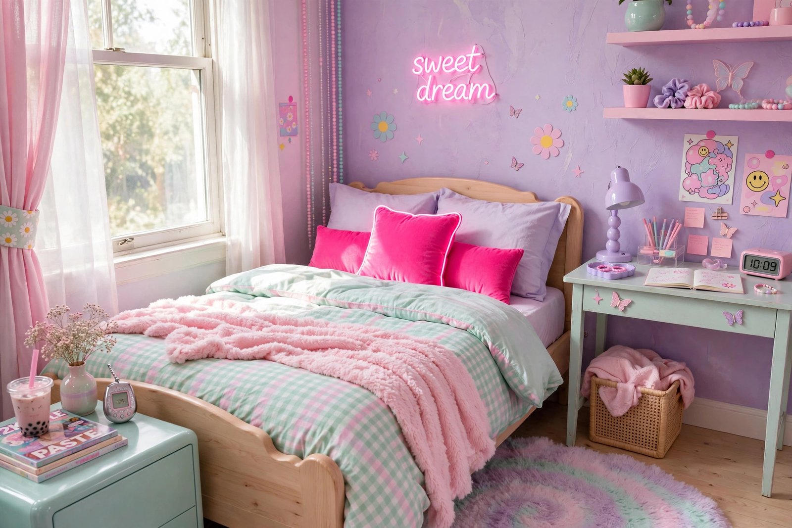 Lavender and pastel color palette with neon pop accents in a Y2K bedroom
