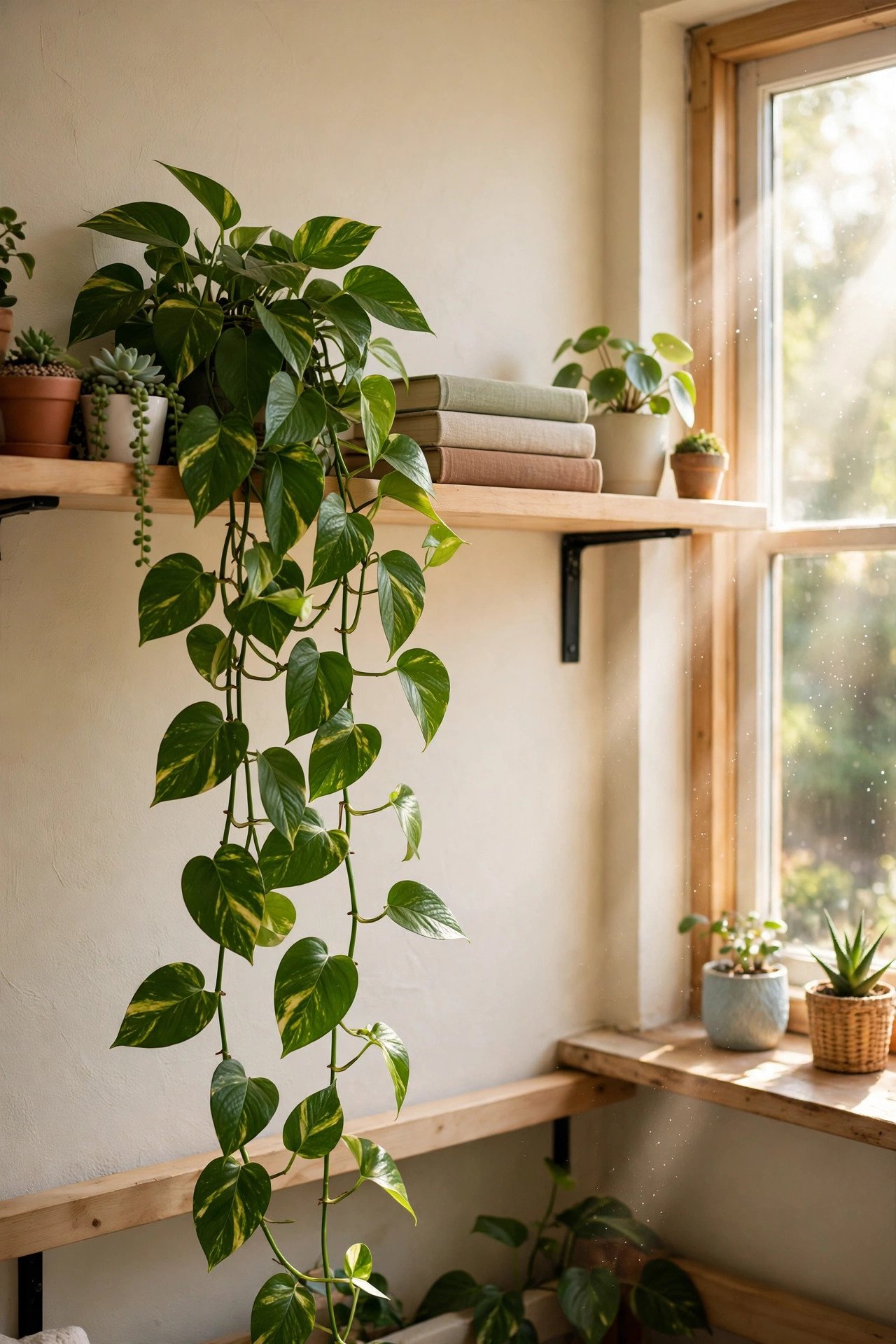 Trailing pothos plant and small potted plants on a dorm windowsill with books