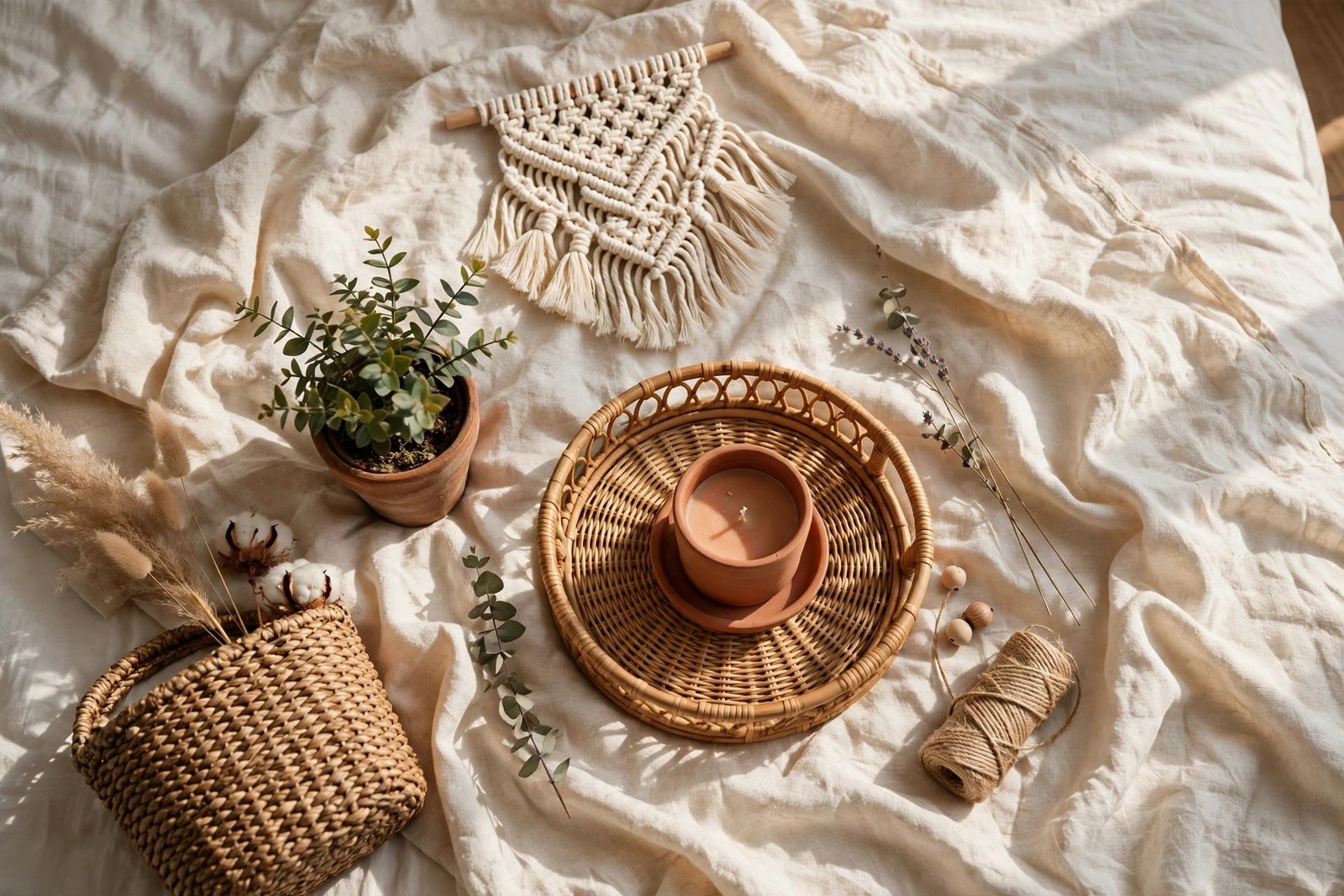 Budget boho bedroom decor finds with woven baskets, macrame, plants and terracotta accents
