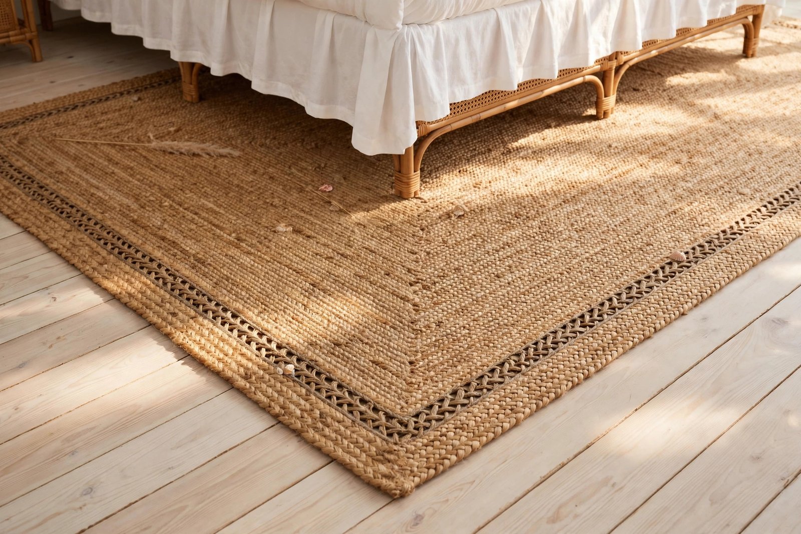 Natural jute rug on light wood floors in a coastal bedroom ideas design