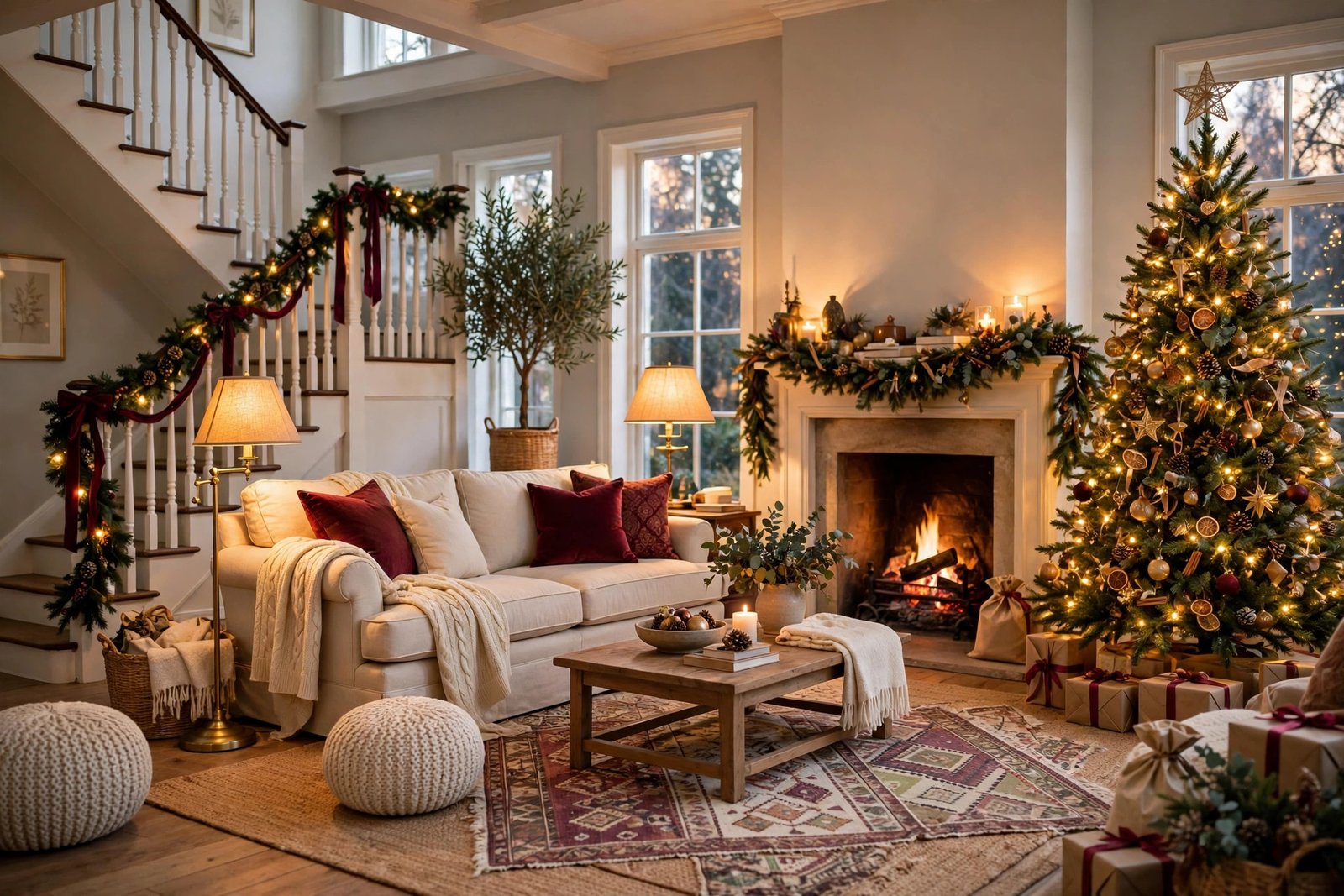 Christmas living room with layered rugs and warm lamps
