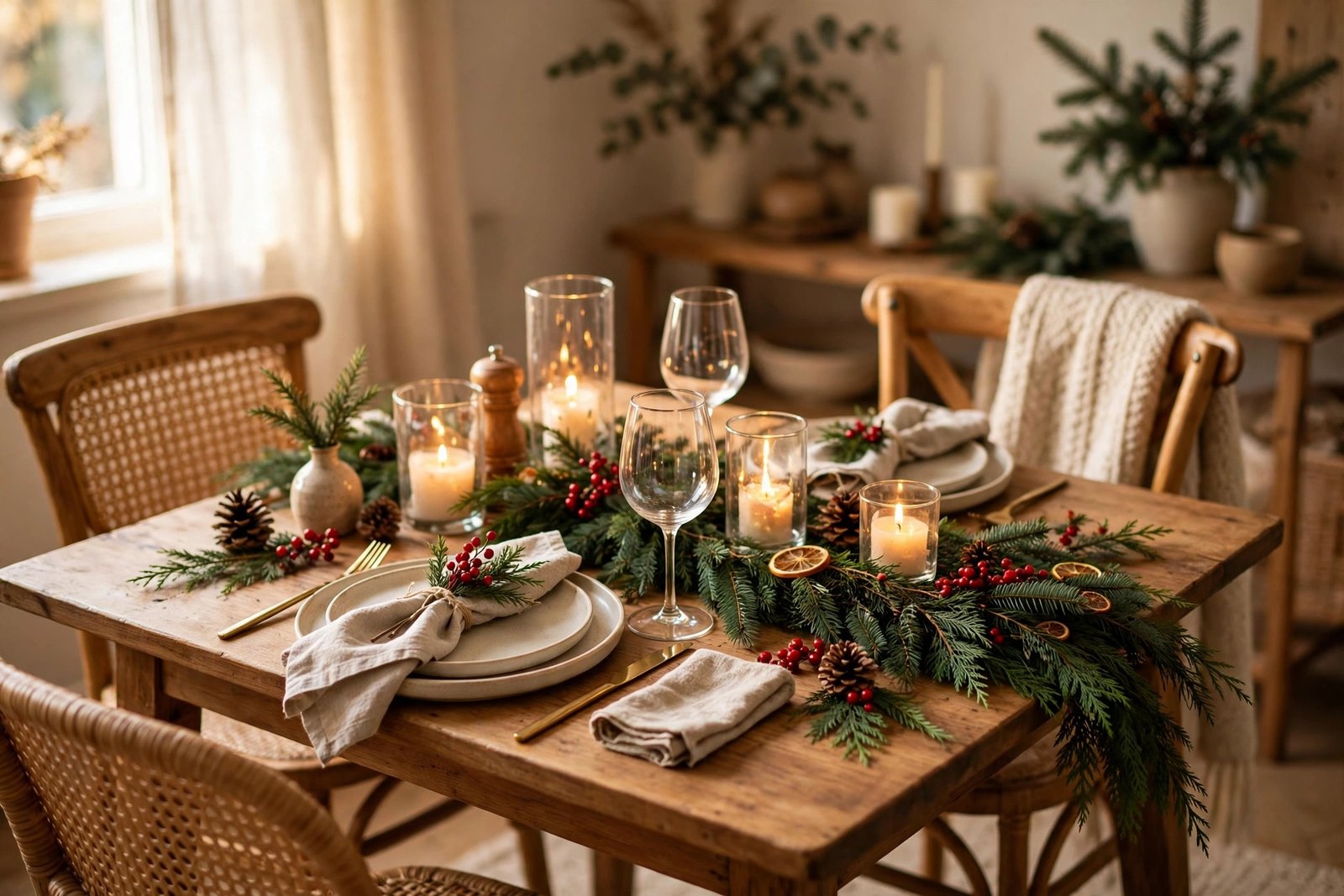 Small-space Christmas dining table centerpiece with candles and greenery