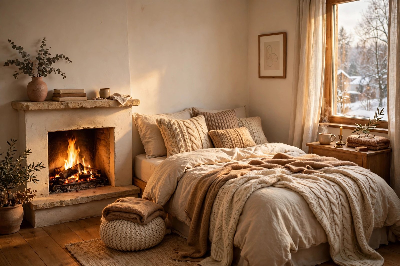 15 Cozy Winter Bedroom Ideas for a Warm, Restful Room 11 winter bedroom with fireplace glow and warm decor