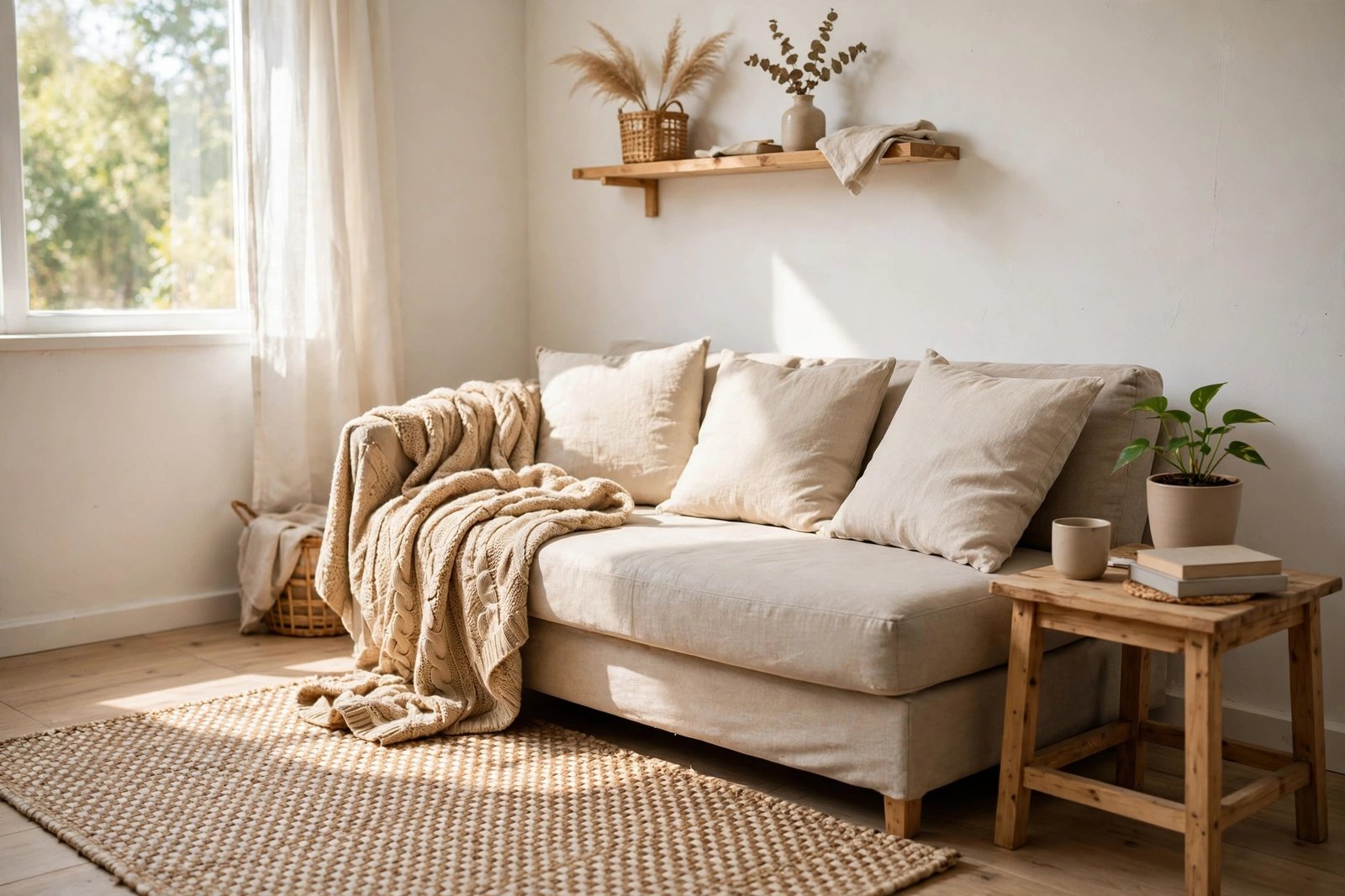 Small living room refreshed with an affordable rug and neutral cushion covers