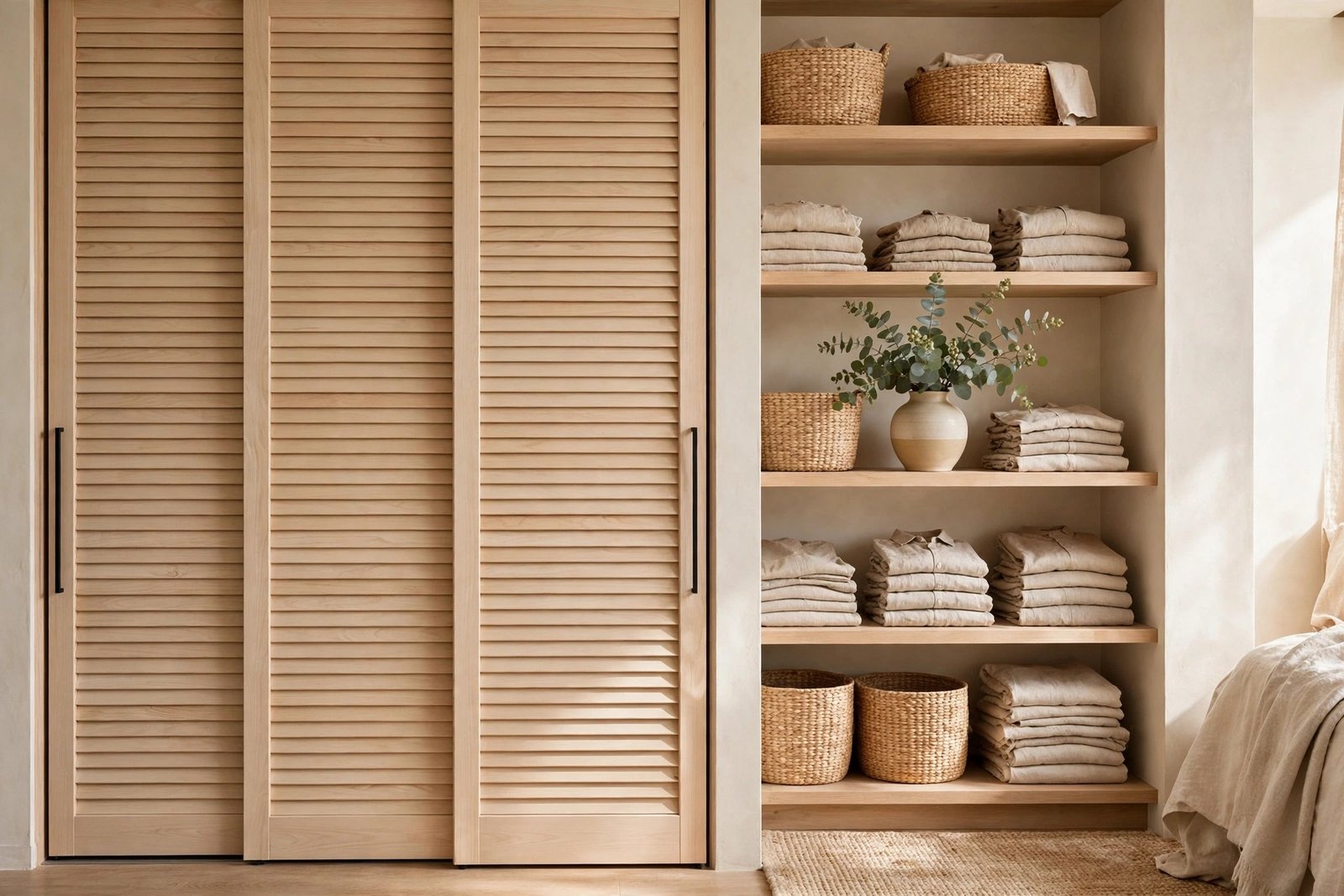 Clutter-free storage with woven baskets in a minimalist Japandi bedroom ideas design