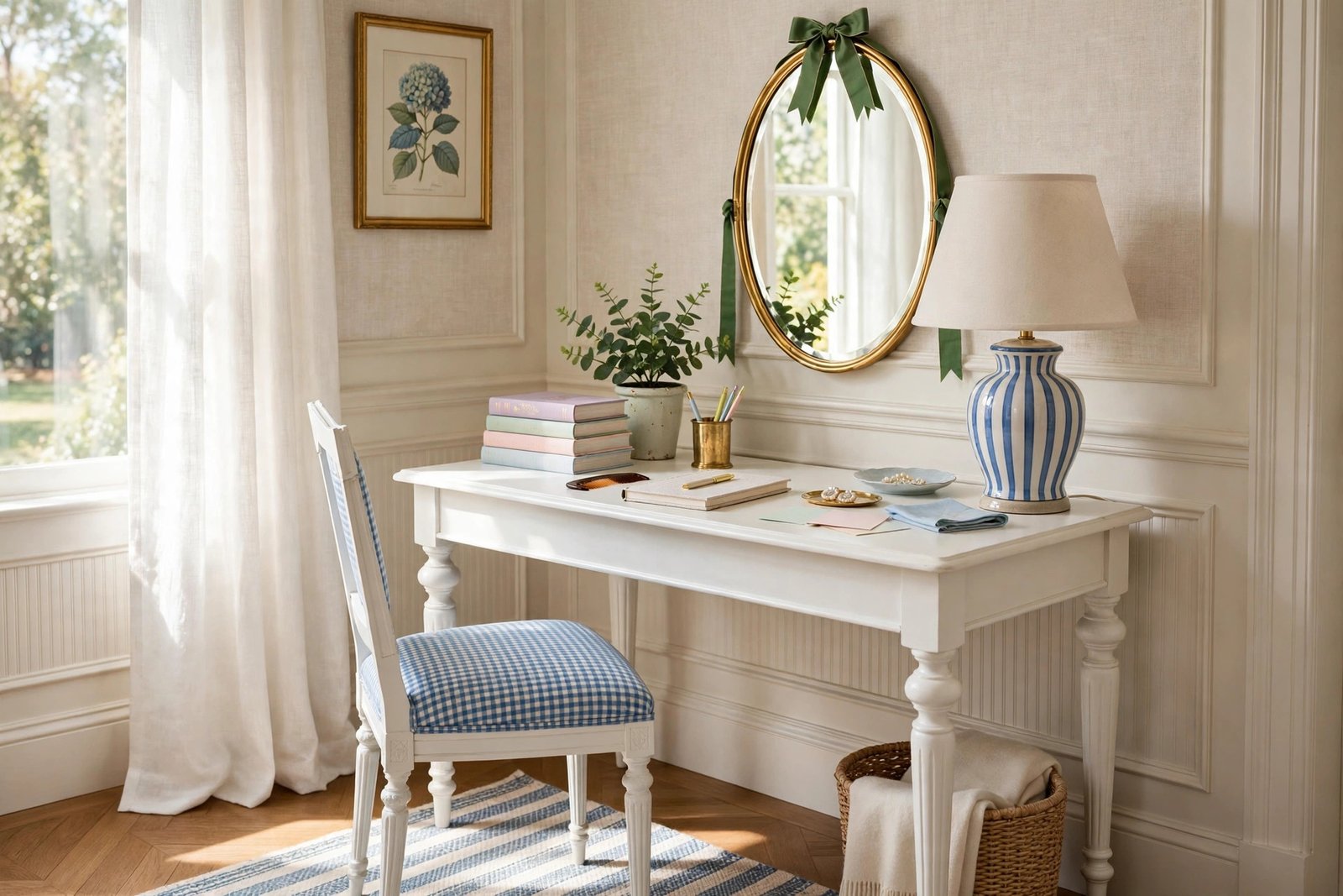 White vanity corner with striped lamp in a preppy bedroom ideas bedroom
