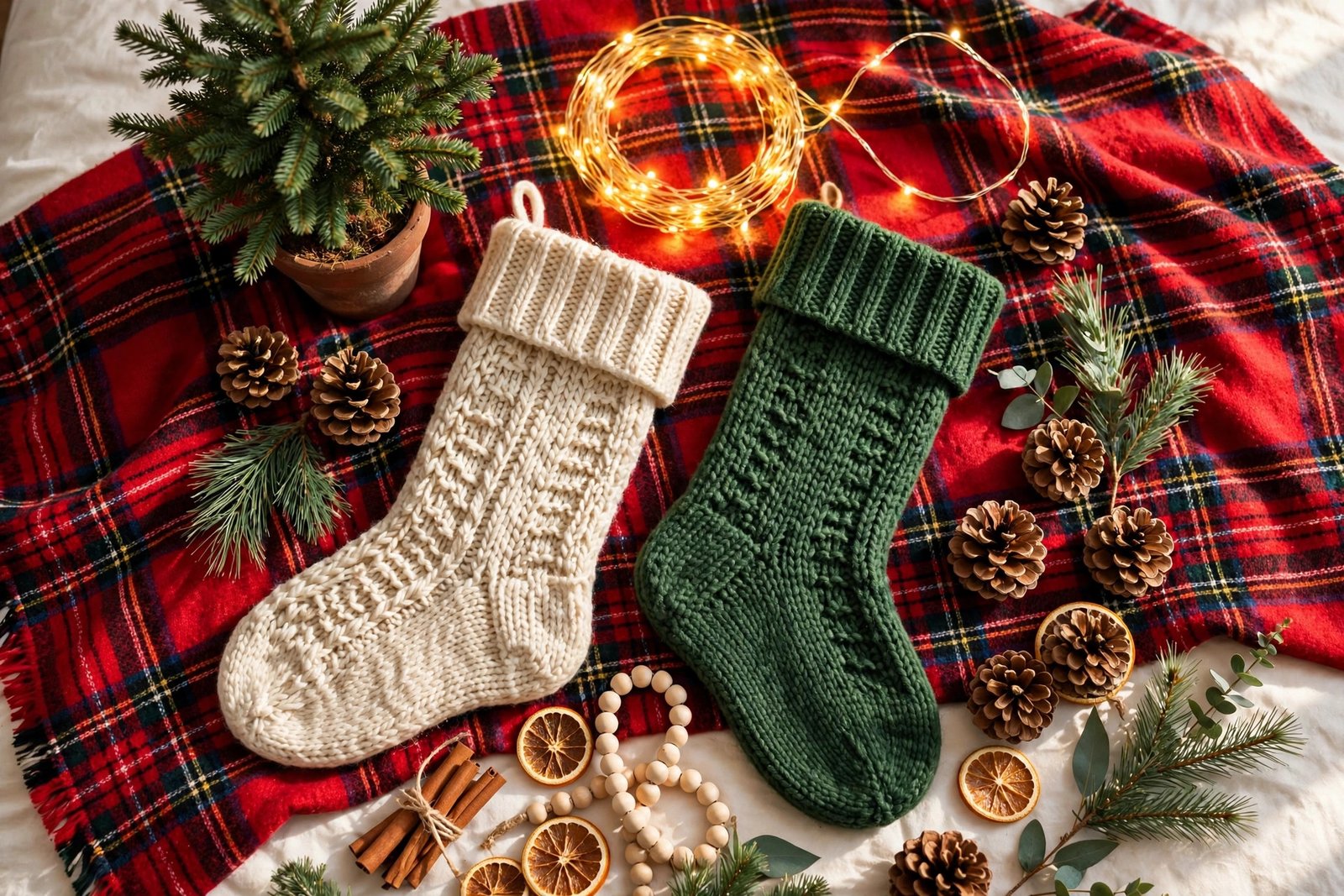Budget christmas bedroom decor ideas flat lay with a mini tree, fairy lights and plaid throw on a bed