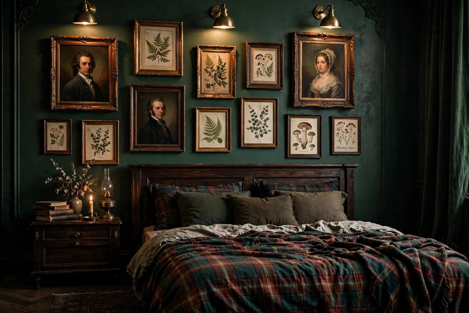 15 Dark Academia Bedroom Ideas for a Moody, Bookish Retreat 12 Deep green gallery wall with vintage portraits in a dark academia bedroom ideas design