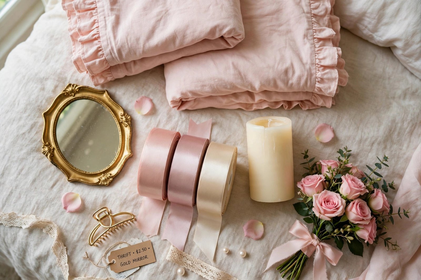 15 Coquette Bedroom Ideas for a Soft, Romantic Room 11 Budget coquette bedroom decor finds with ruffled pillowcases, gold mirror, ribbon and roses