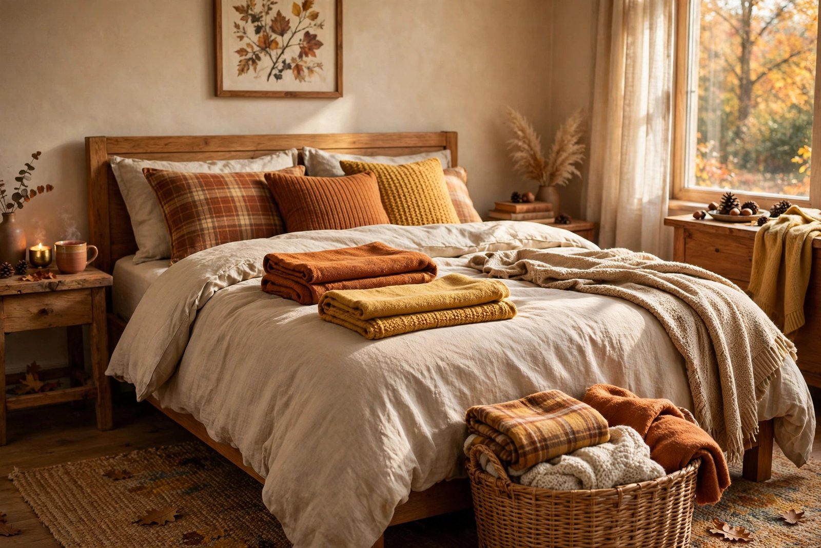 15 Cozy Fall Bedroom Ideas for a Warm Autumn Retreat 11 Seasonal swap of summer decor for autumn bedding and throws in a cozy fall bedroom ideas design