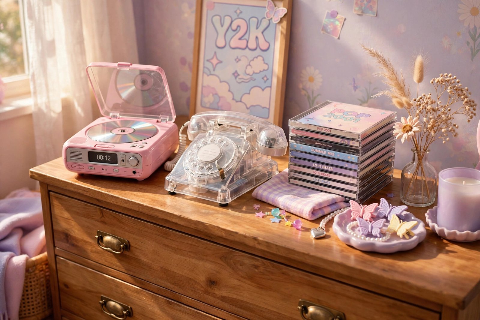 Retro tech decor with a pink CD player and translucent phone in a Y2K bedroom