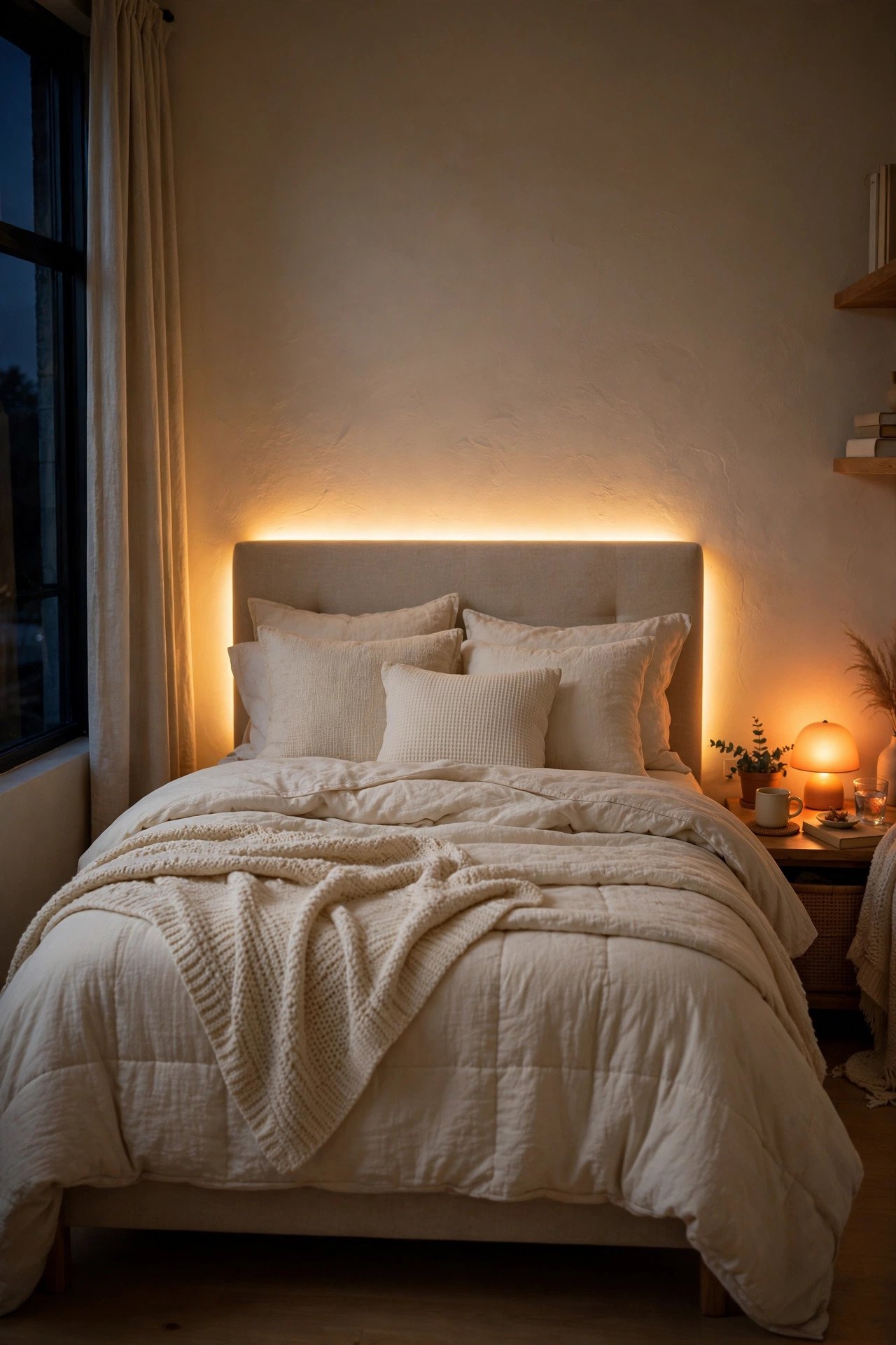 Dorm bed with warm LED strip light glow behind the headboard and a sunset lamp in the corner