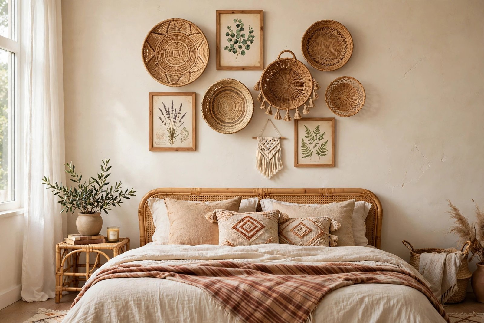 Boho gallery wall with woven baskets and wooden framed prints above a bed in a bedroom ideas design