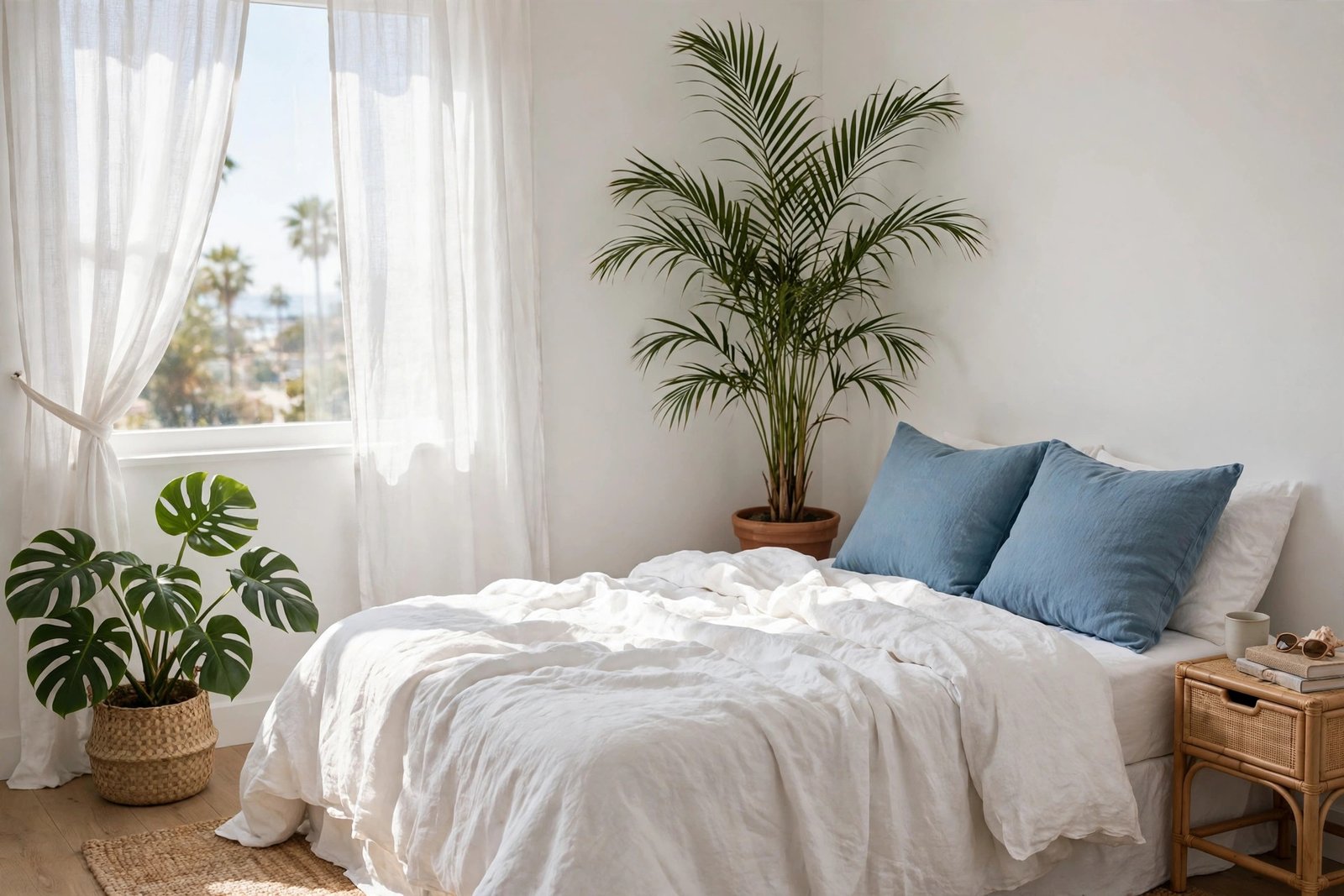Potted palm plant and coastal greenery in a bright coastal bedroom ideas design