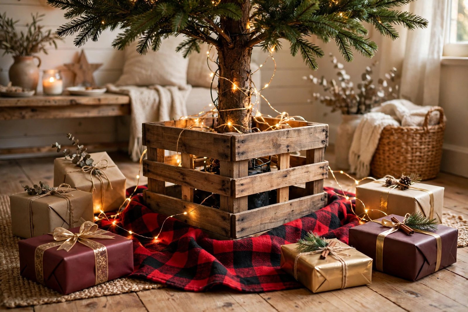 Rustic wooden crate Christmas tree stand with gifts
