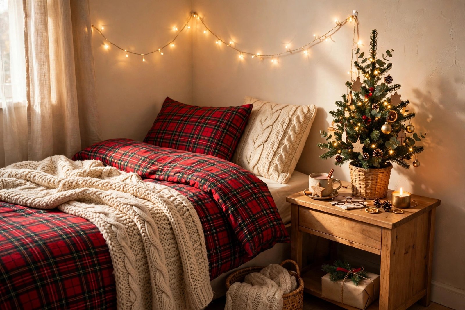 Christmas bedroom corner in a small apartment with lights and a mini tree