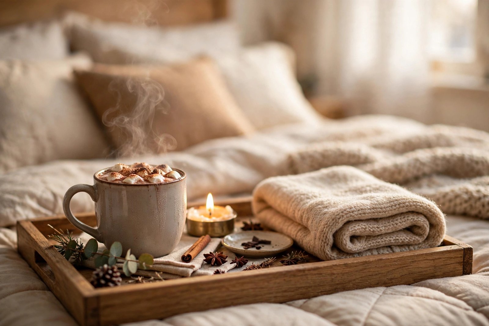 15 Cozy Winter Bedroom Ideas for a Warm, Restful Room 12 hot drink station and winter bedroom tray styling