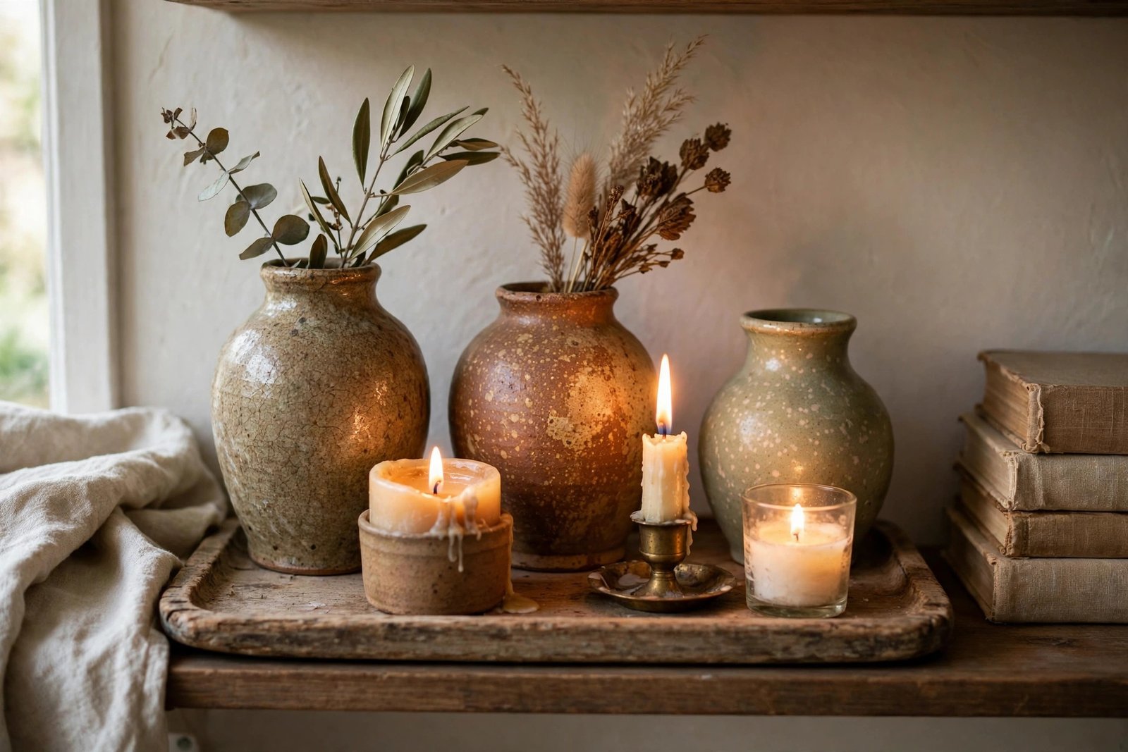 Candles and thrifted ceramic vases styled together on a wooden tray
