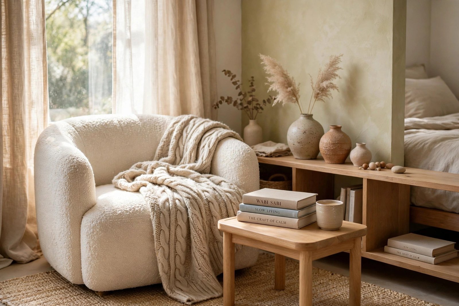 Cozy reading nook with boucle chair in a warm Japandi bedroom ideas design