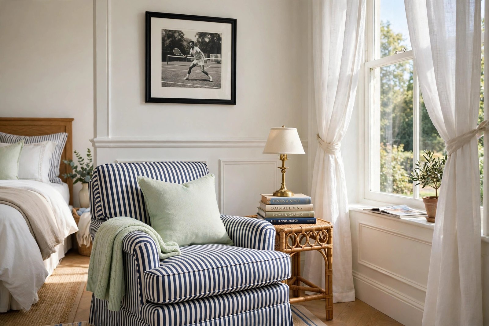 Striped reading nook with rattan table in a preppy bedroom ideas bedroom