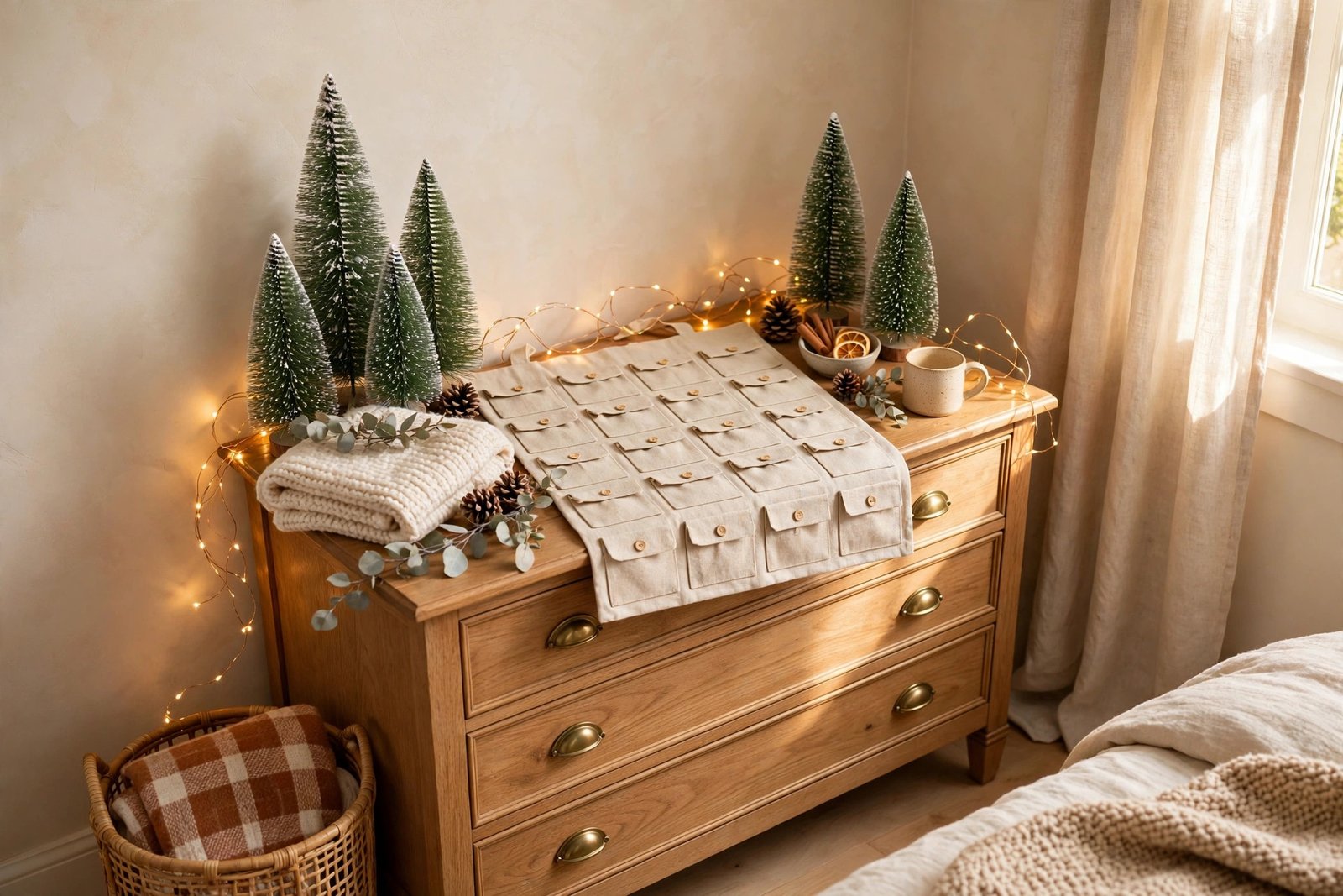Small bedroom styled with christmas decor ideas including an advent calendar corner and glowing lights