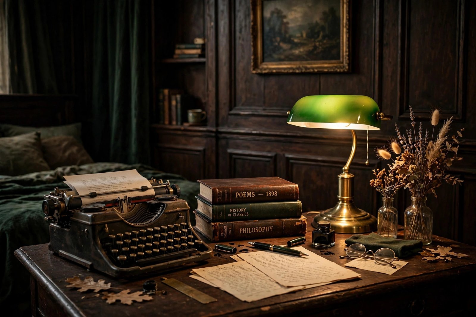 15 Dark Academia Bedroom Ideas for a Moody, Bookish Retreat 13 Scholar's writing desk with typewriter, brass lamp and leather books in a dark academia bedroom