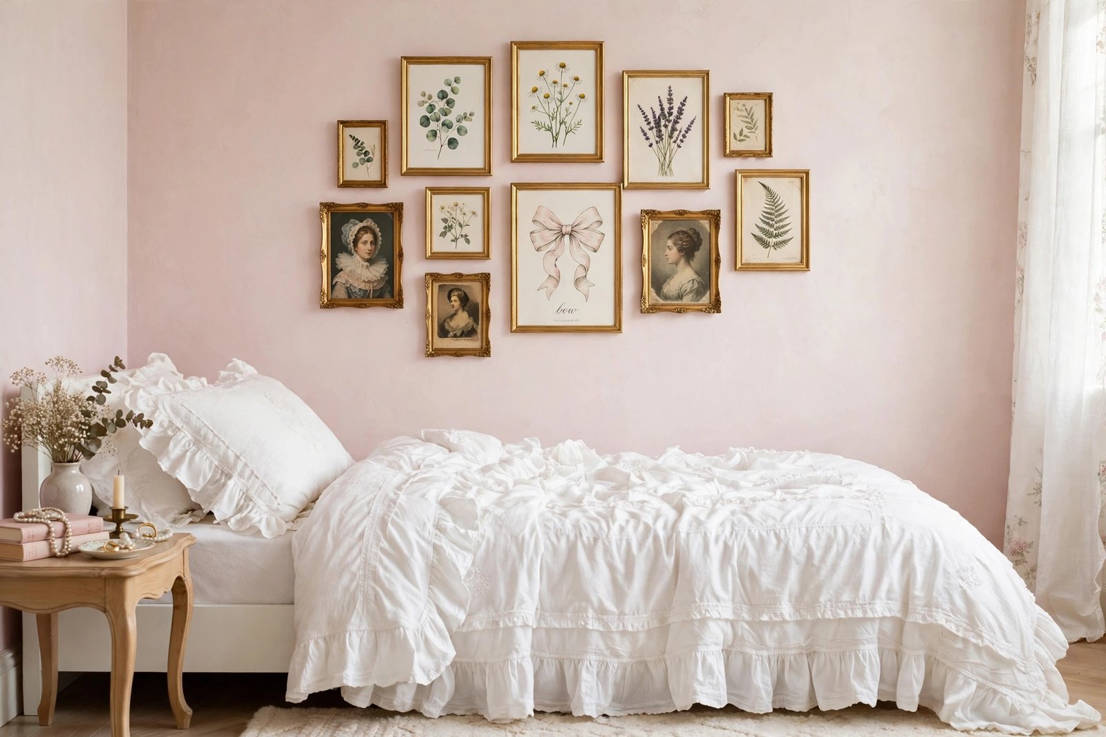 15 Coquette Bedroom Ideas for a Soft, Romantic Room 12 Coquette gallery wall with gold-framed botanical prints and bow art above a bed