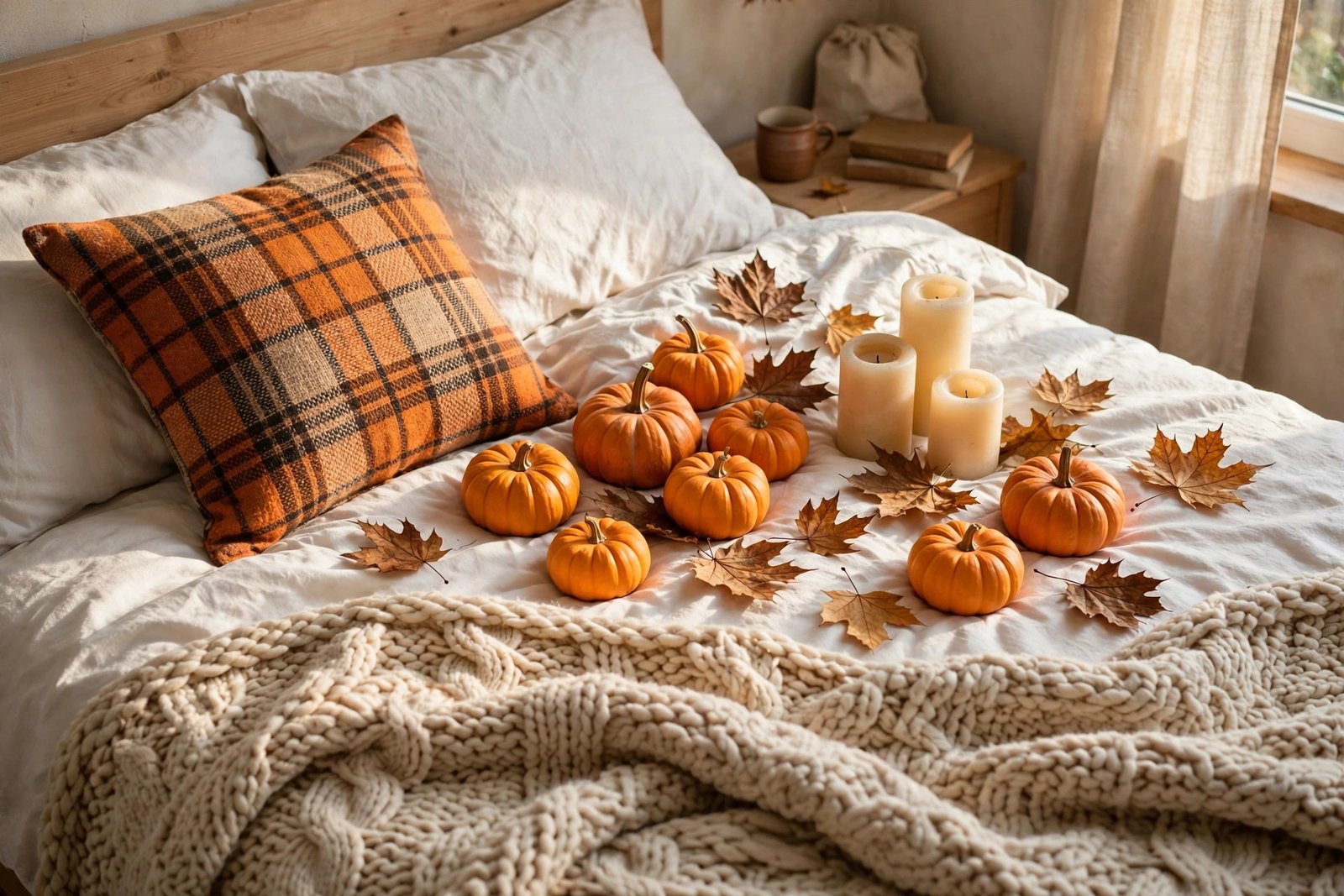 15 Cozy Fall Bedroom Ideas for a Warm Autumn Retreat 12 Budget fall bedroom decor finds with a knit throw, candles and mini pumpkins