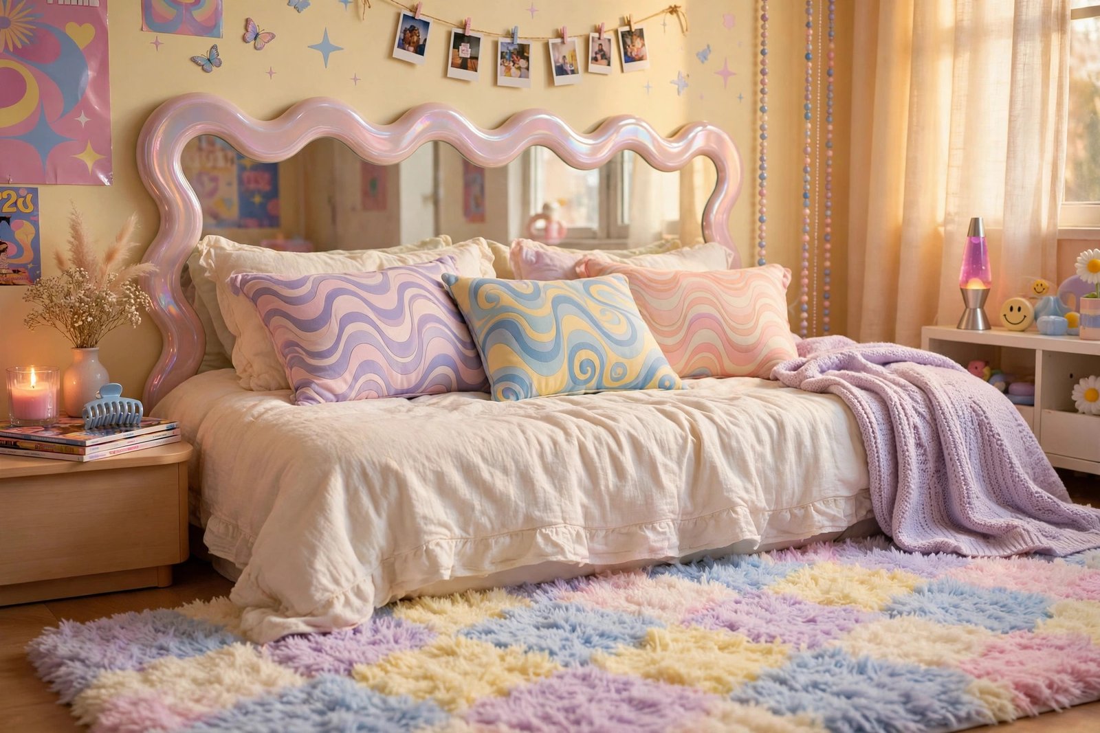 Checkerboard rug and wavy pattern details in a cozy Y2K bedroom