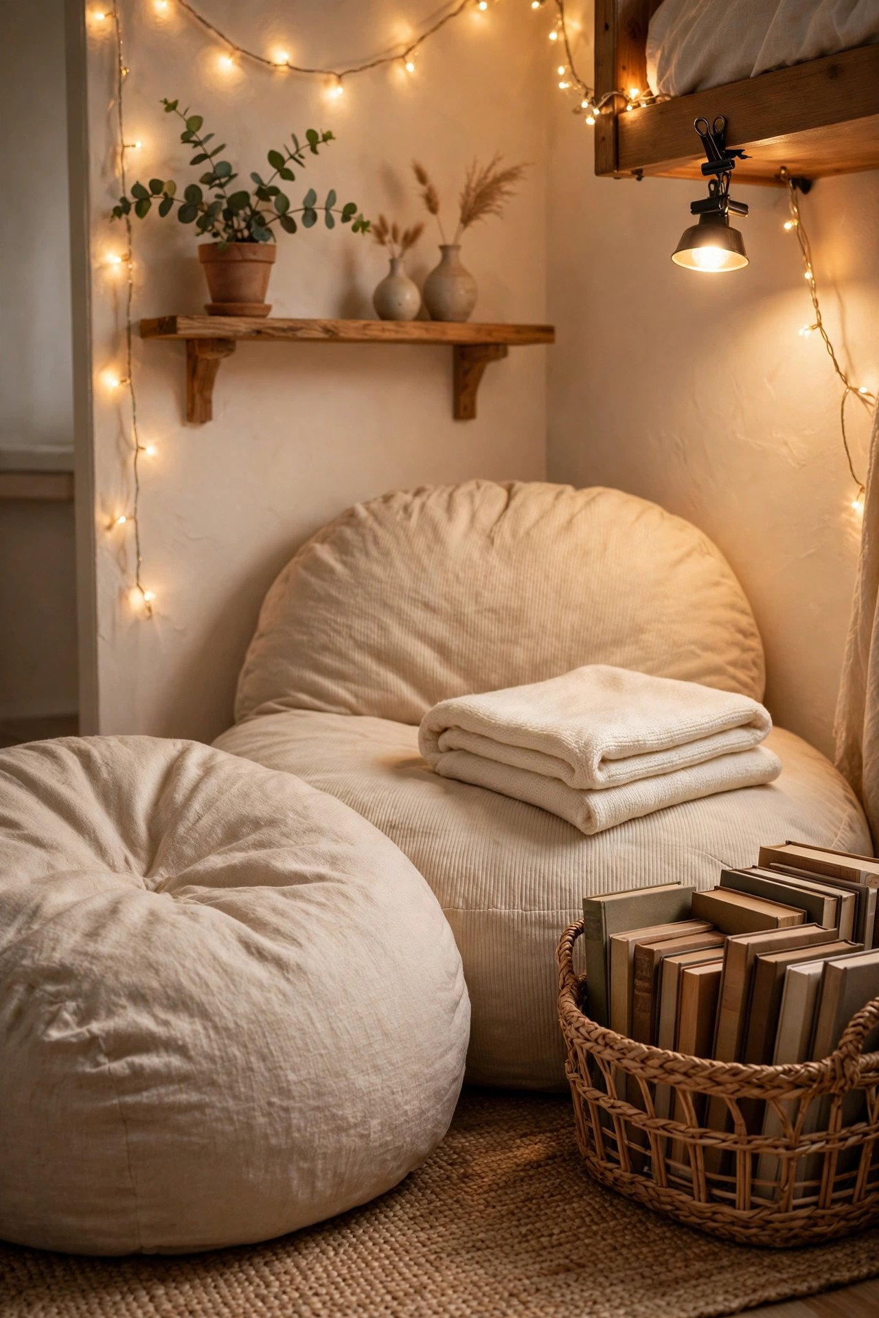 Cozy dorm reading corner with floor cushions, folded throw blanket and a small book basket