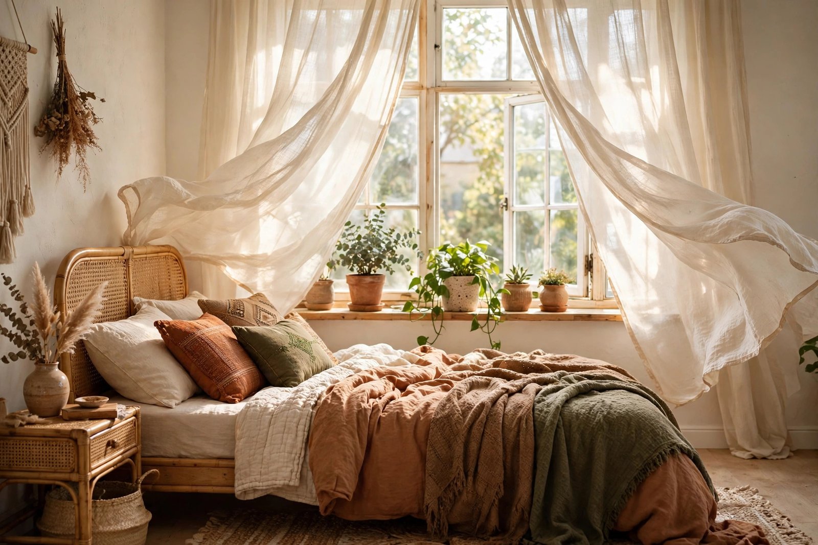 Sheer linen curtains and sunlight over a boho bedroom ideas design with plants and rattan